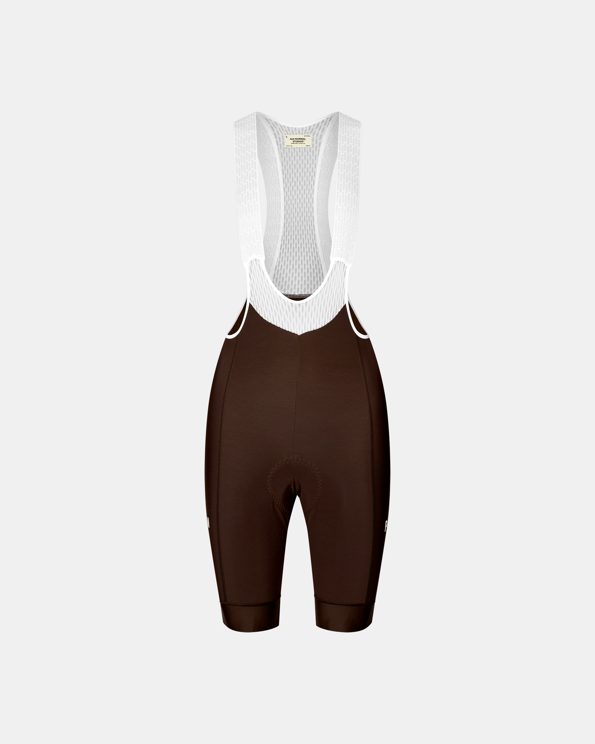 Dark Coffee Mechanism Thermal cycling bibs, front flat lay with white mesh bib straps