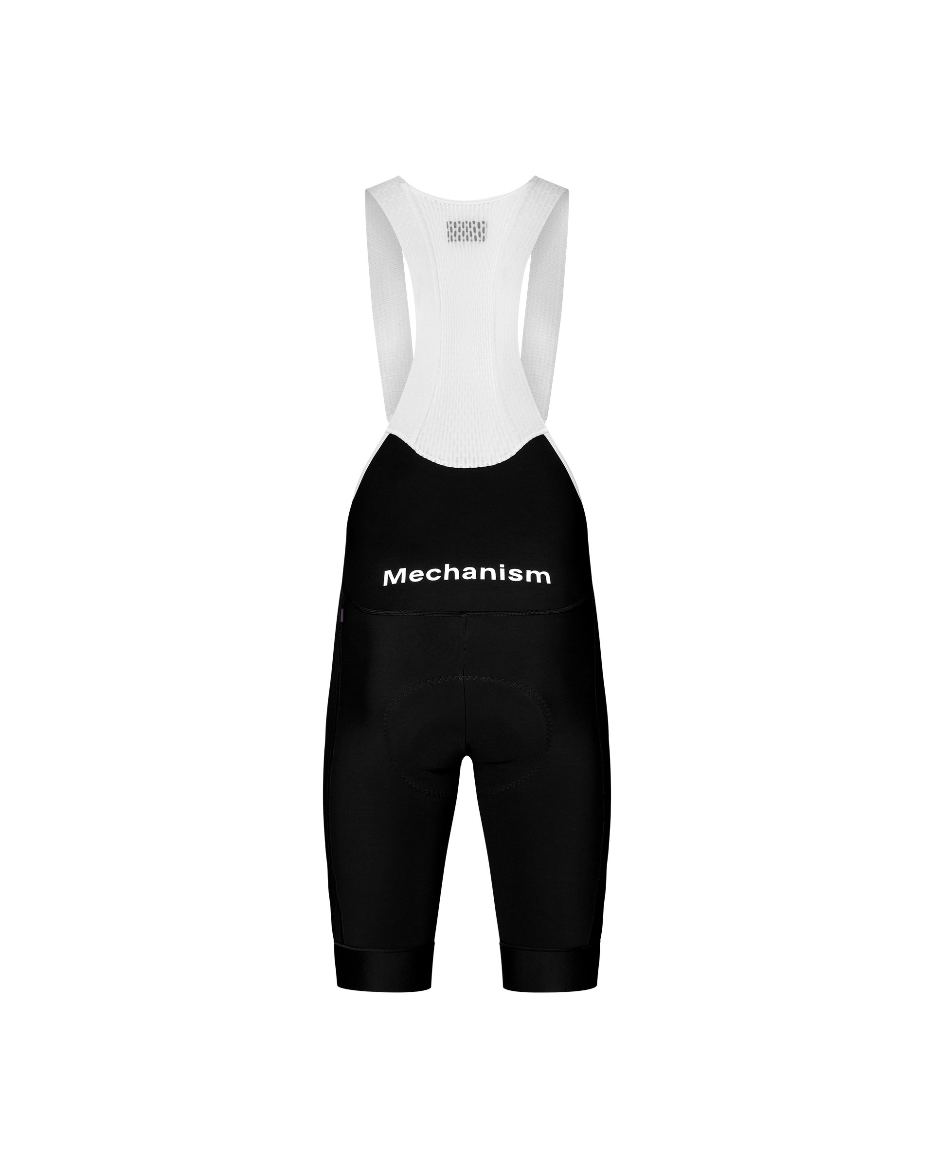 Black Mechanism Thermal cycling bibs, rear flat lay with white bib straps and white waistband logo