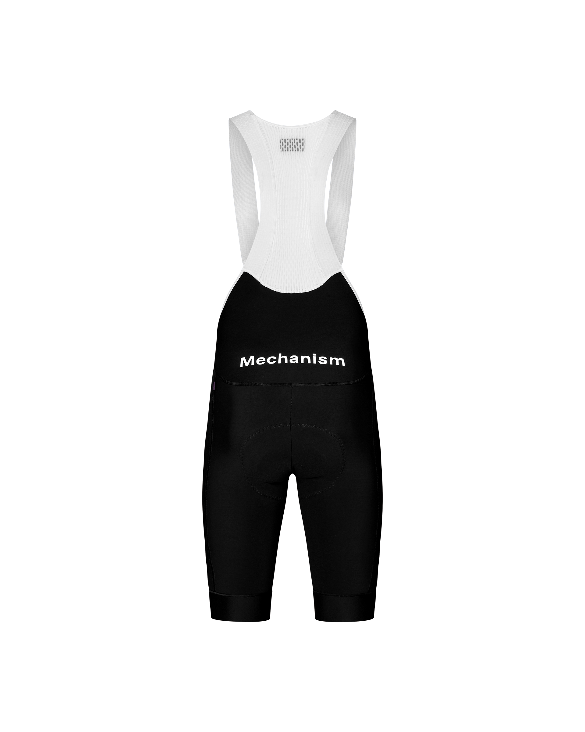Black Mechanism Thermal cycling bibs, rear flat lay with white bib straps and white waistband logo