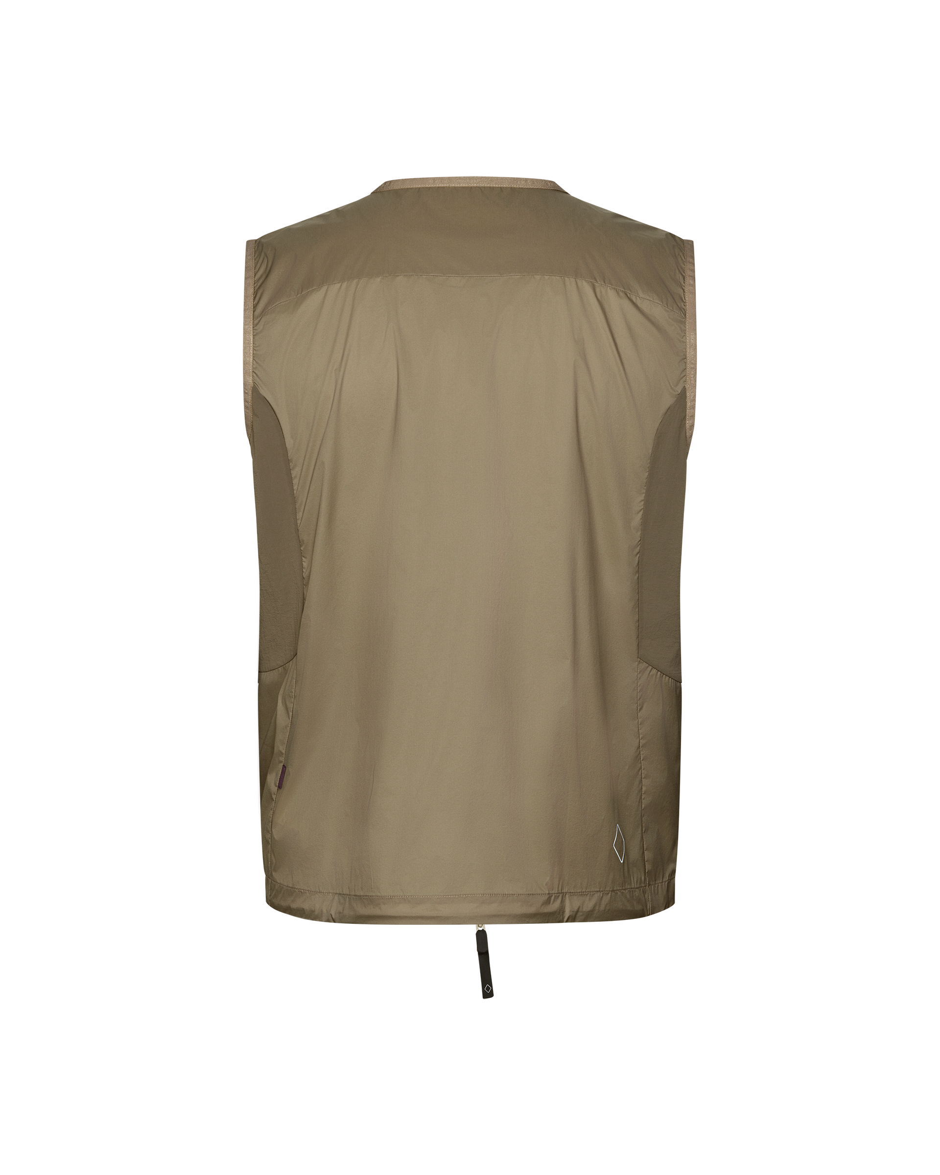 Dusty Earth khaki Balance Windproof vest, rear flat lay with contrast panel and zip pull