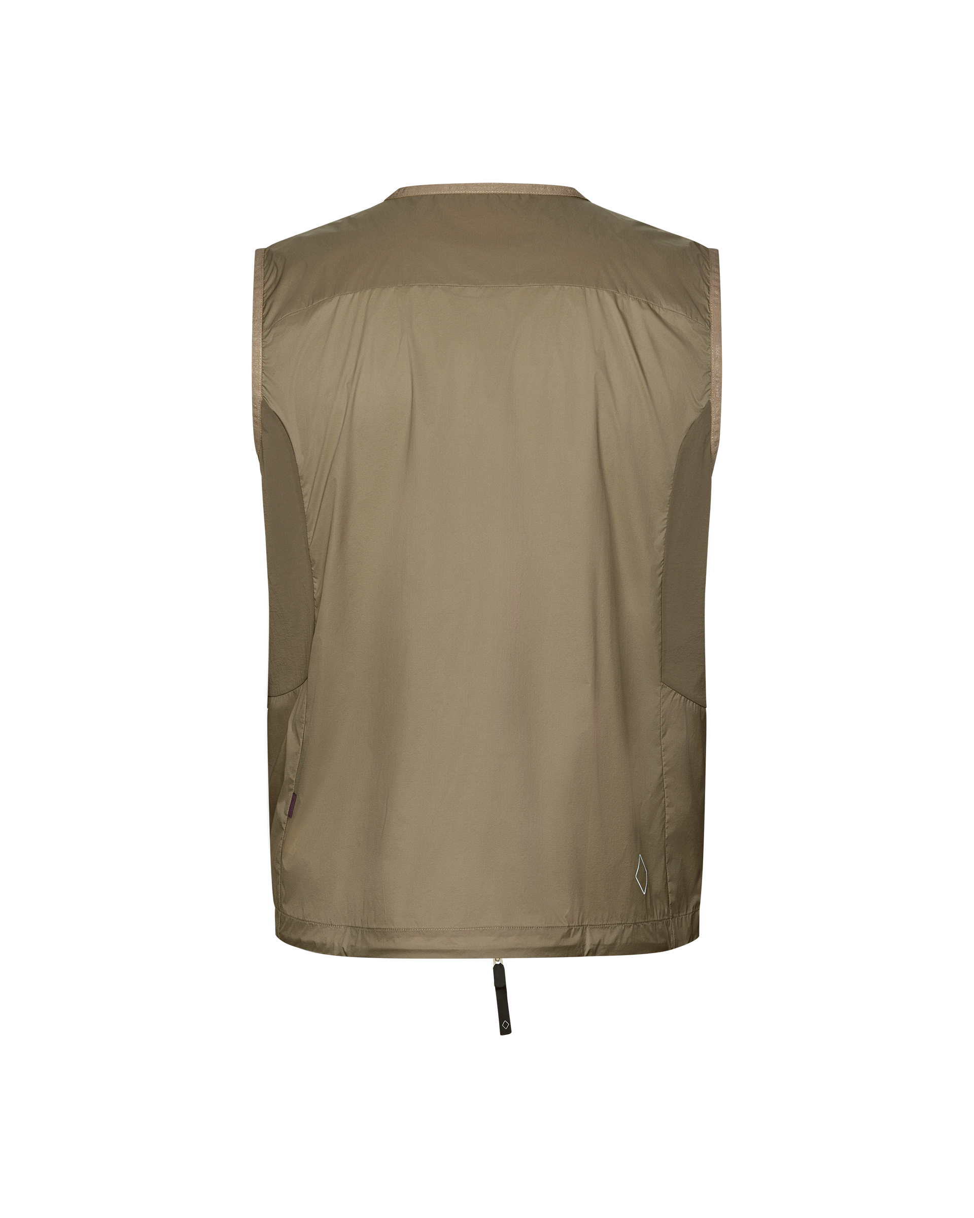 Dusty Earth khaki Balance Windproof vest, rear flat lay with contrast panel and zip pull