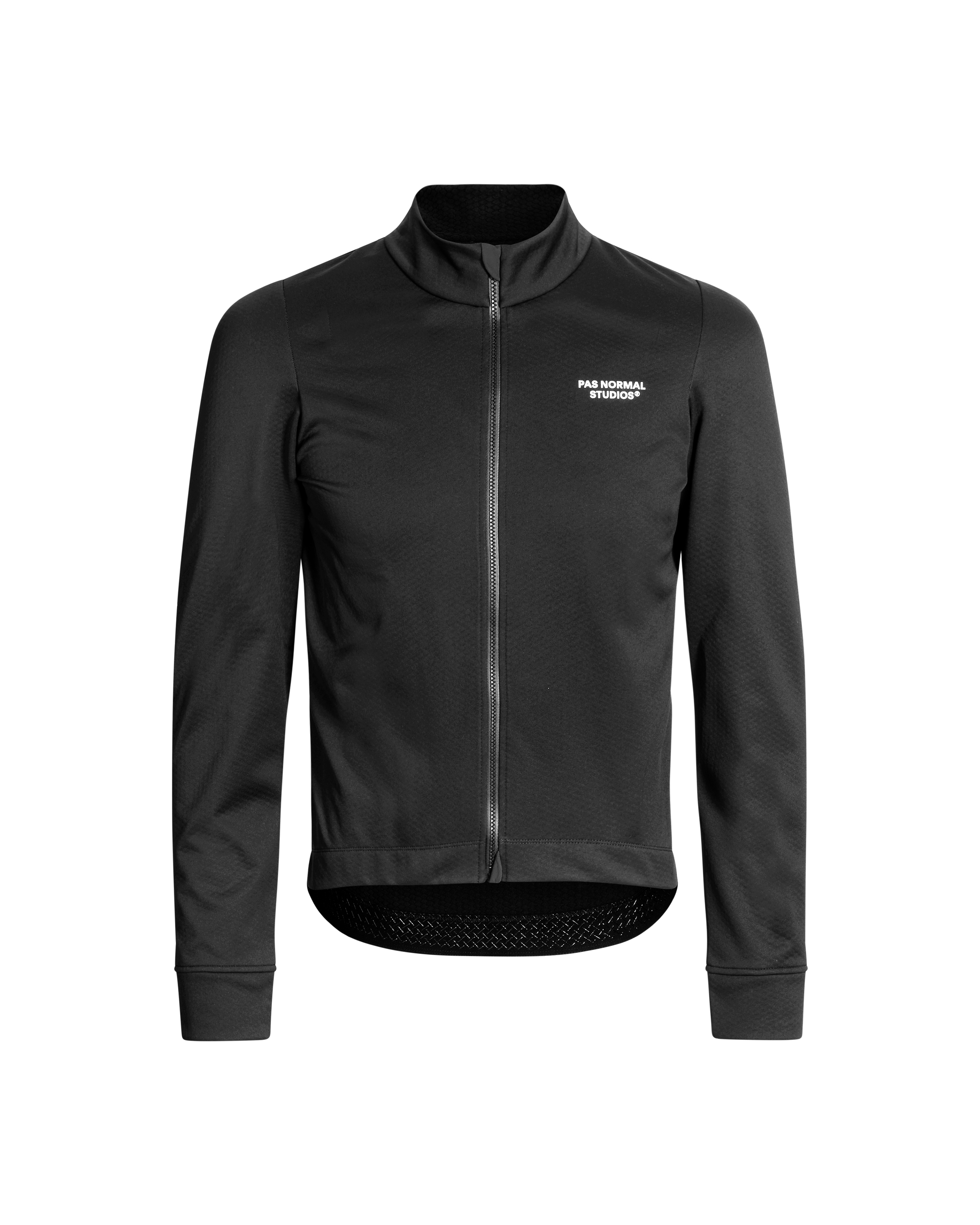 Black Essential thermal long sleeve cycling jersey, front view with full zip and mesh hem