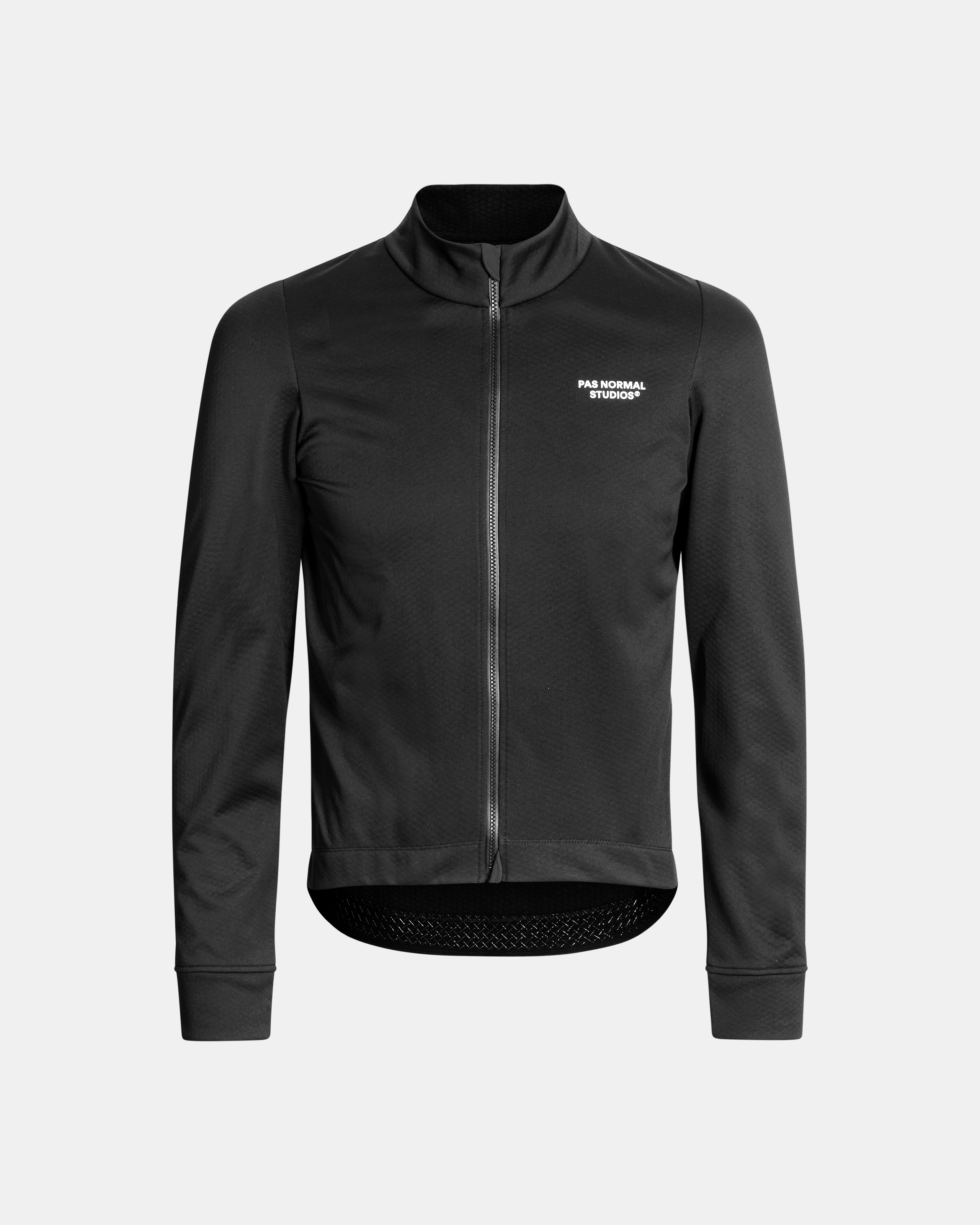 Black Essential thermal long sleeve cycling jersey, front view with full zip and mesh hem