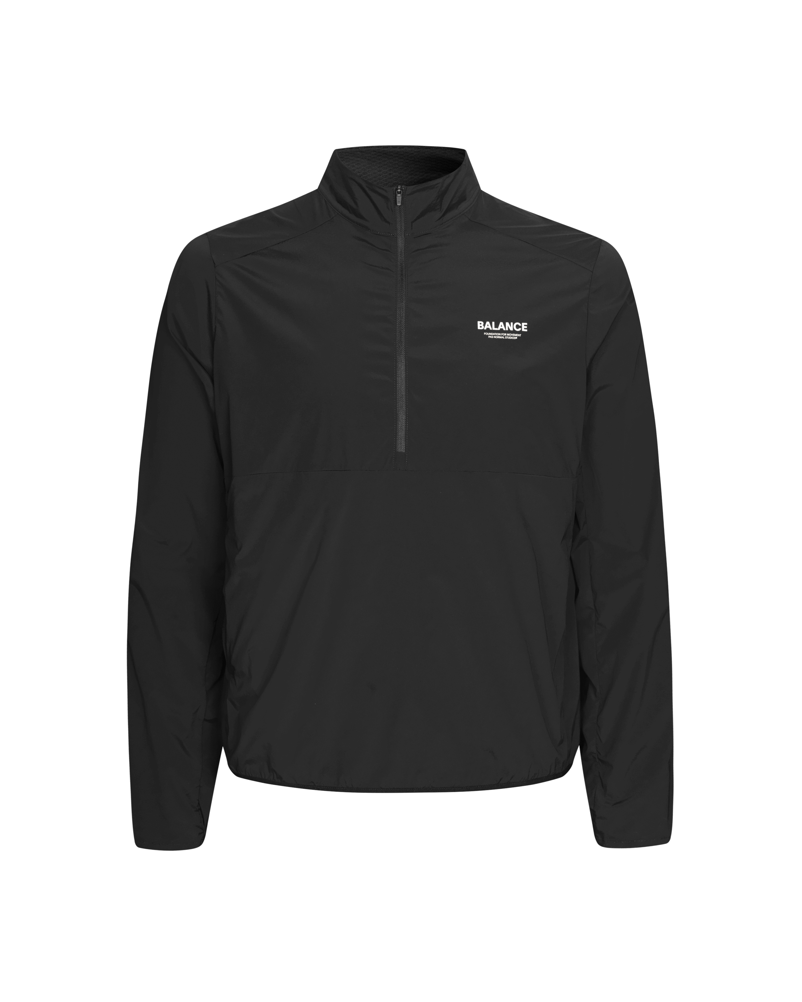 Black Balance Half Zip jacket, front view with white chest logo
