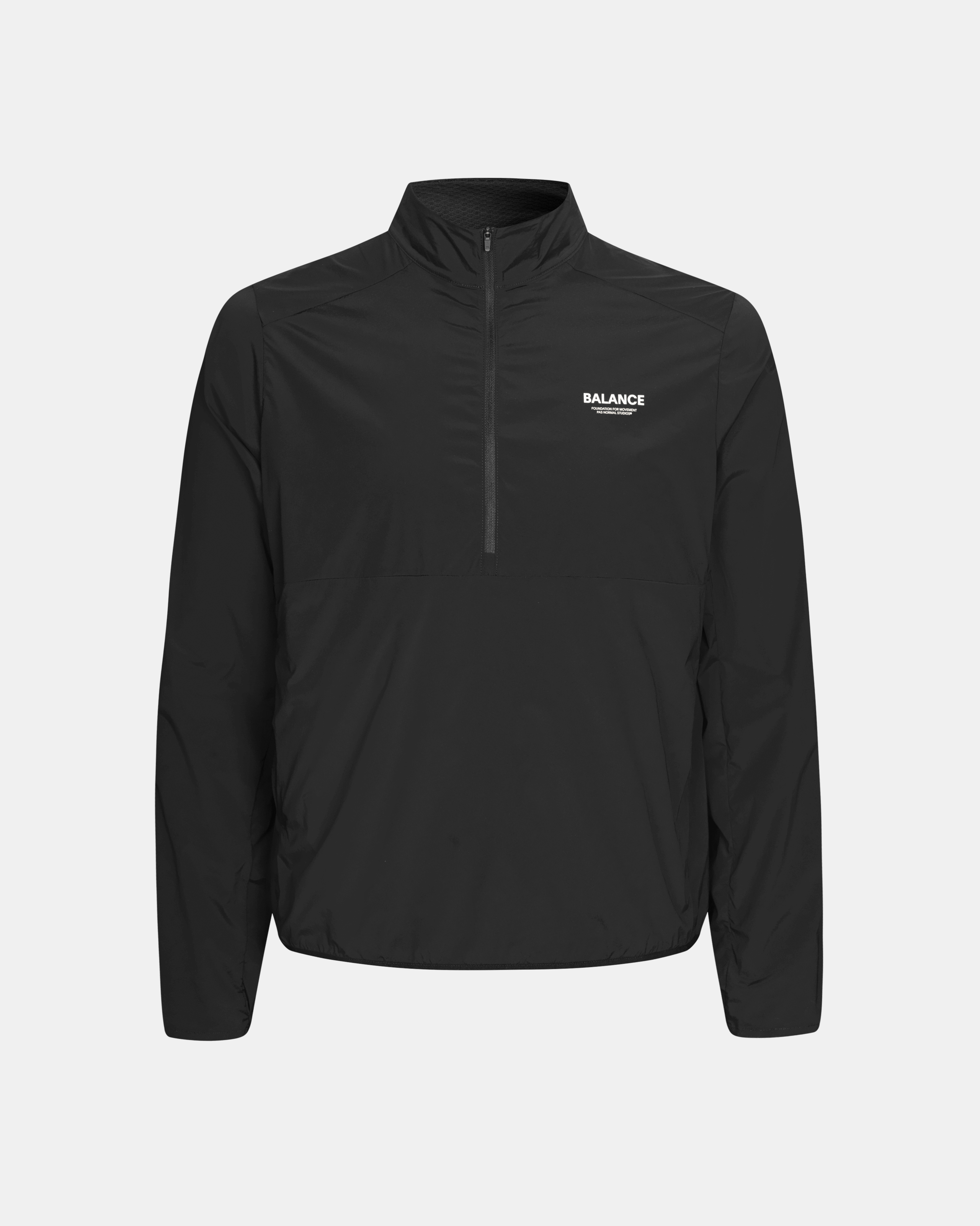 Black Balance Half Zip jacket, front view with white chest logo