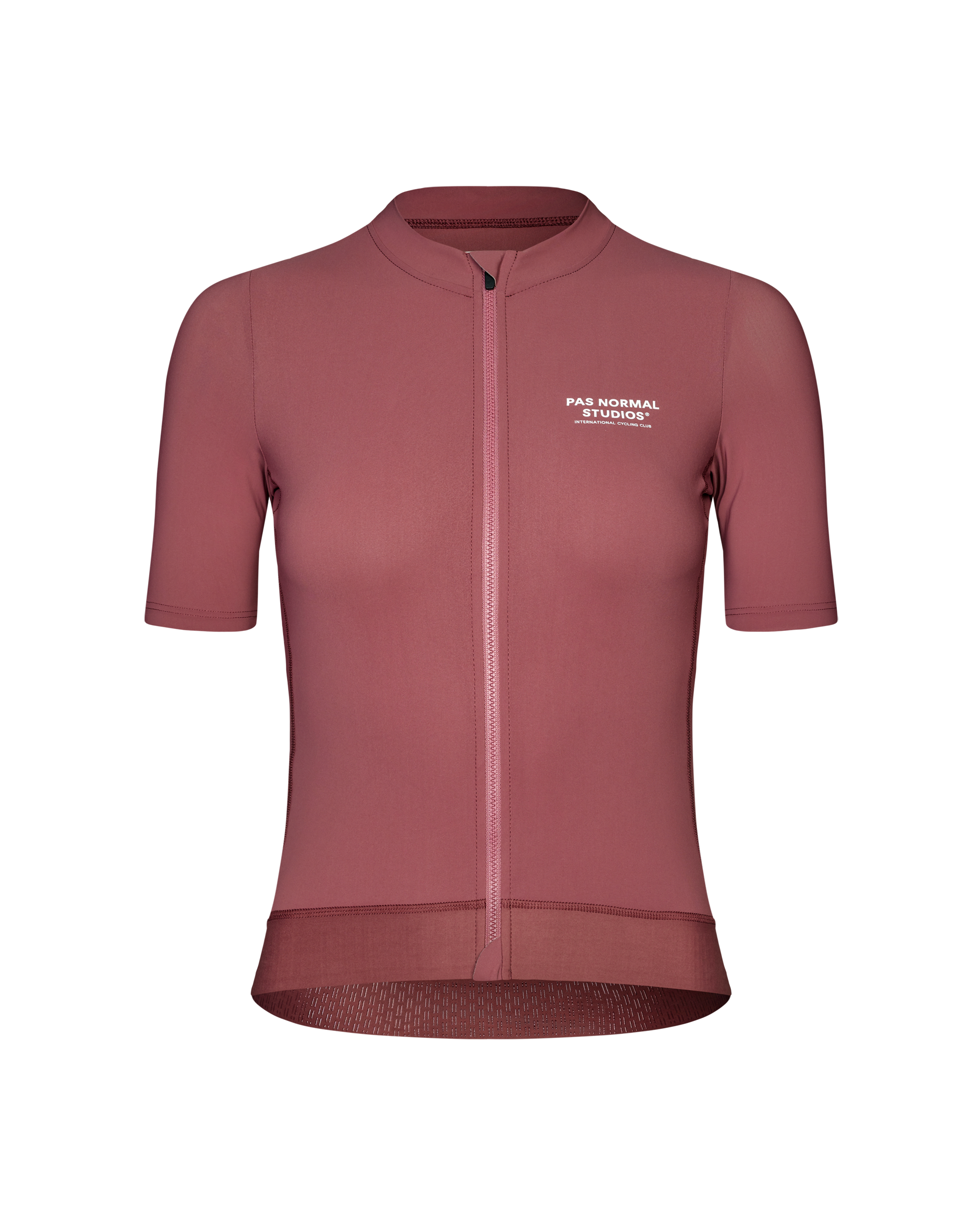 Purple Essential cycling jersey, front view with full zip and white chest logo
