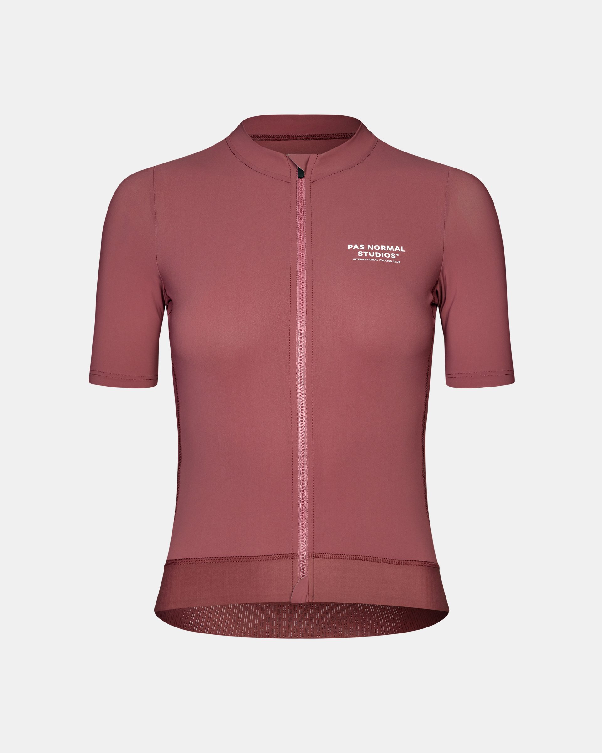 Purple Essential cycling jersey, front view with full zip and white chest logo