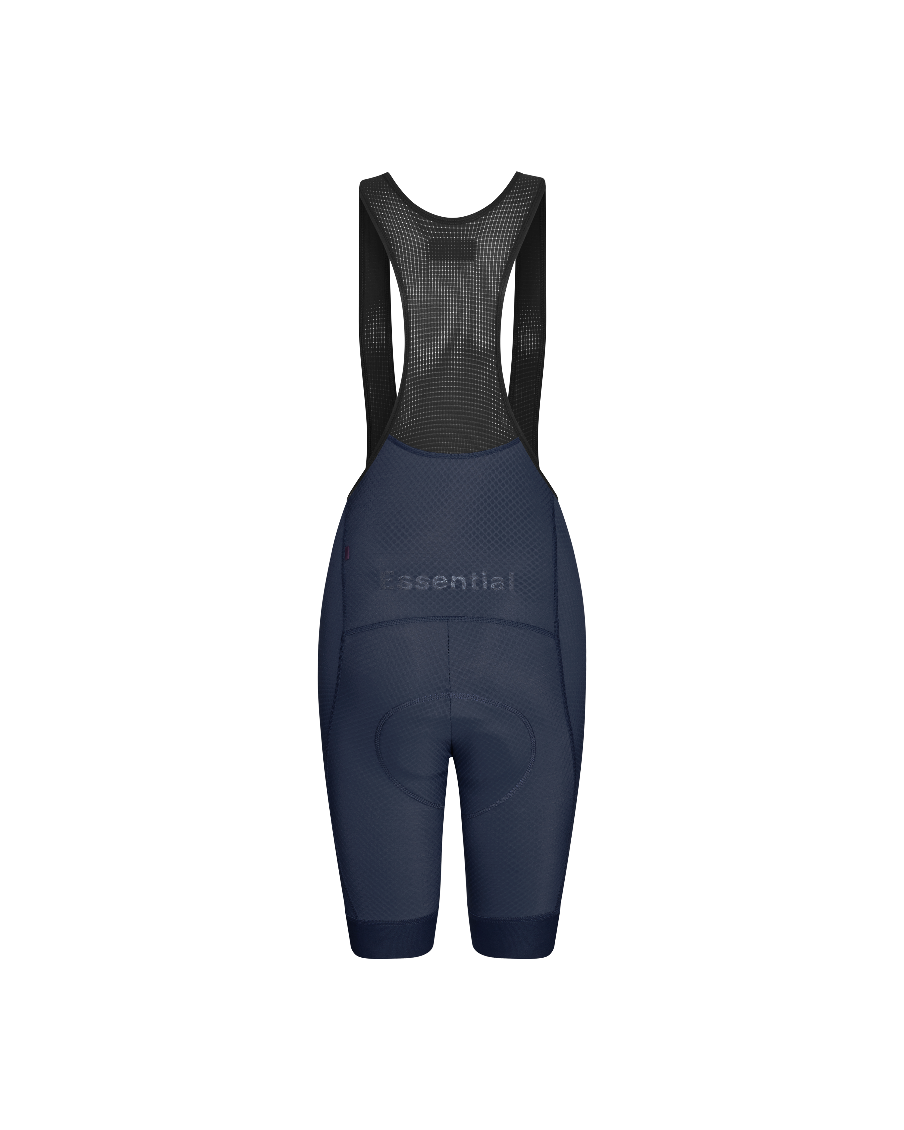 Navy Essential cycling bibs, rear flat lay with mesh upper and Essential branding