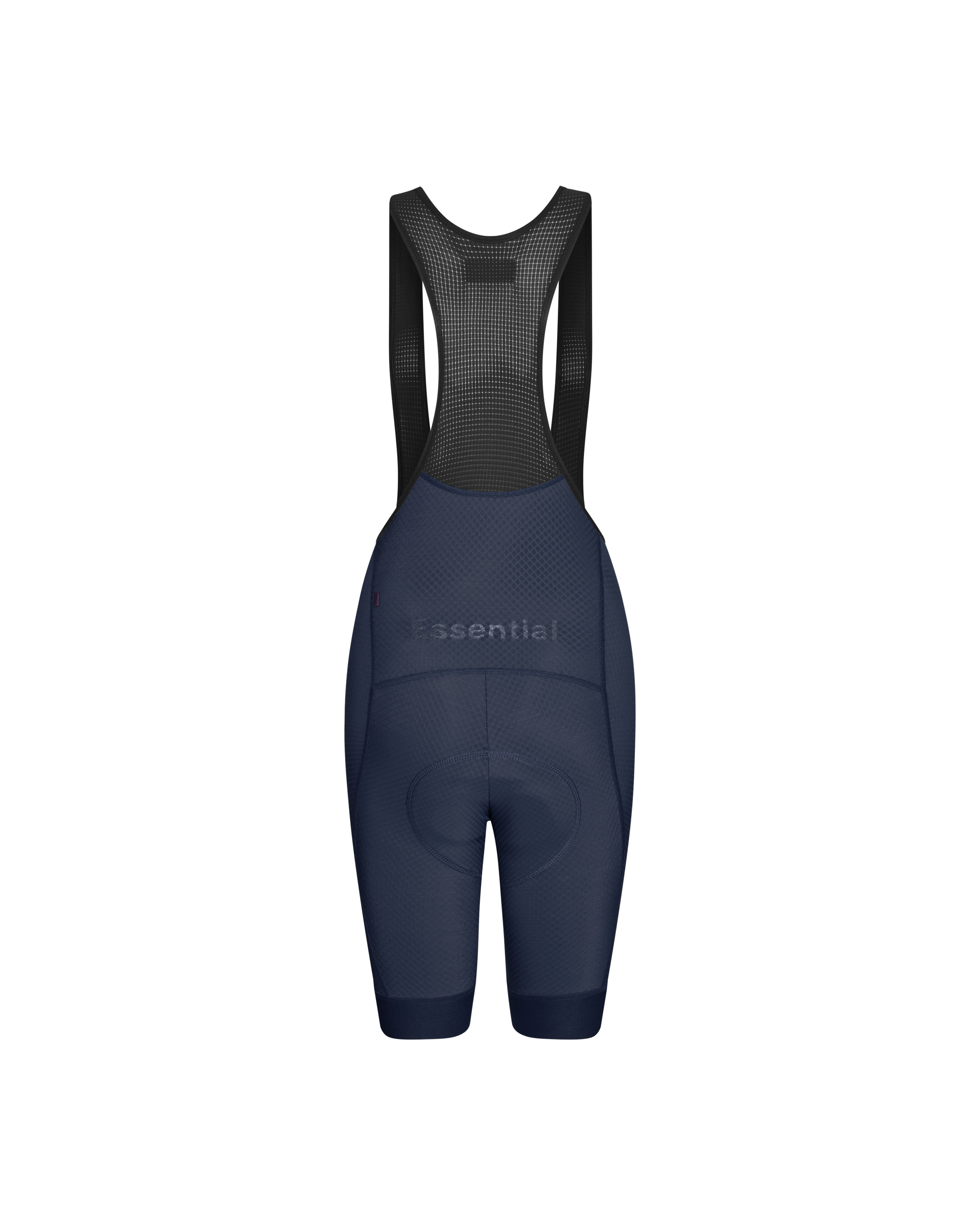 Navy Essential cycling bibs, rear flat lay with mesh upper and Essential branding