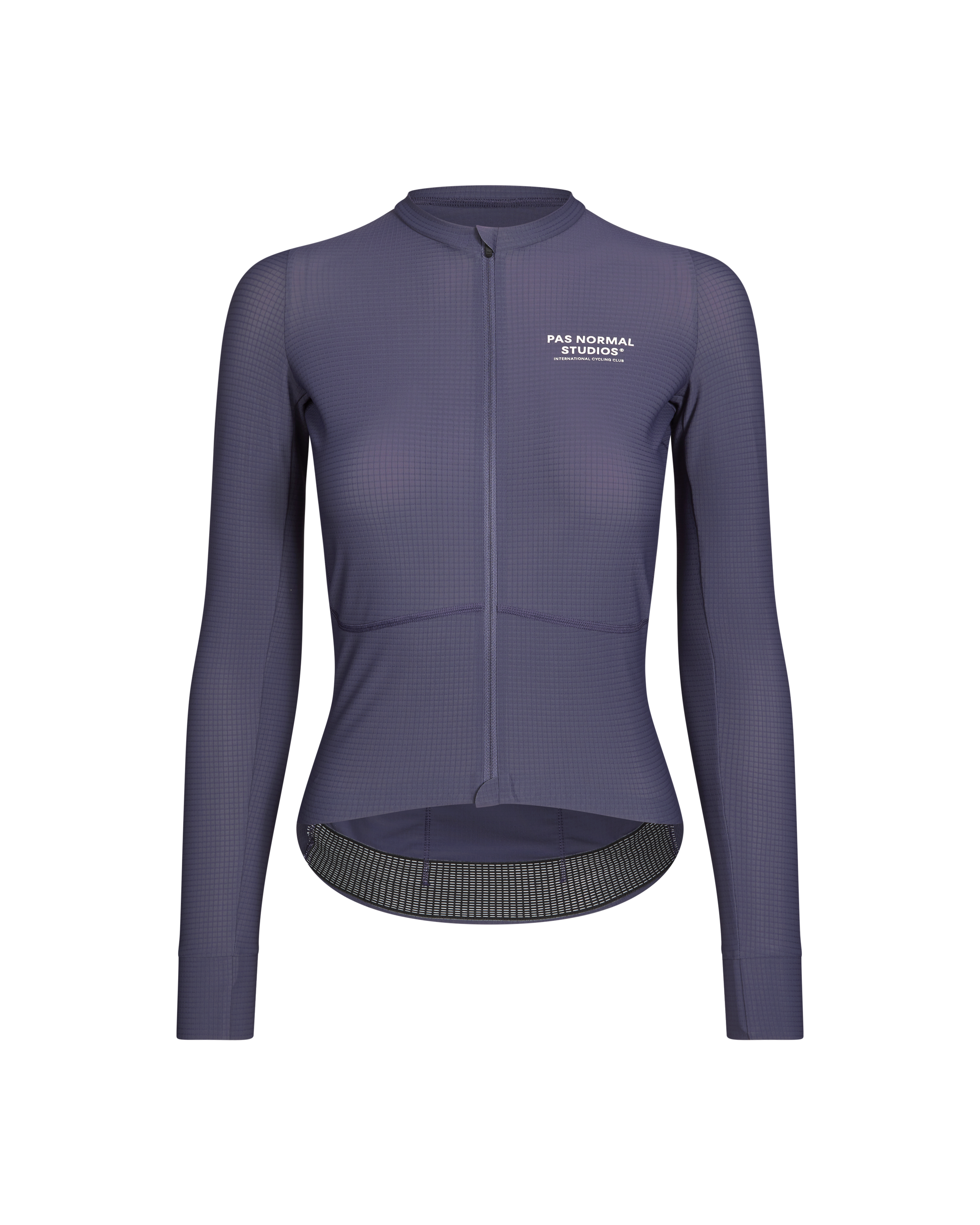 Grey Mechanism Pro long sleeve cycling jersey, front view with textured fabric and contrast hem