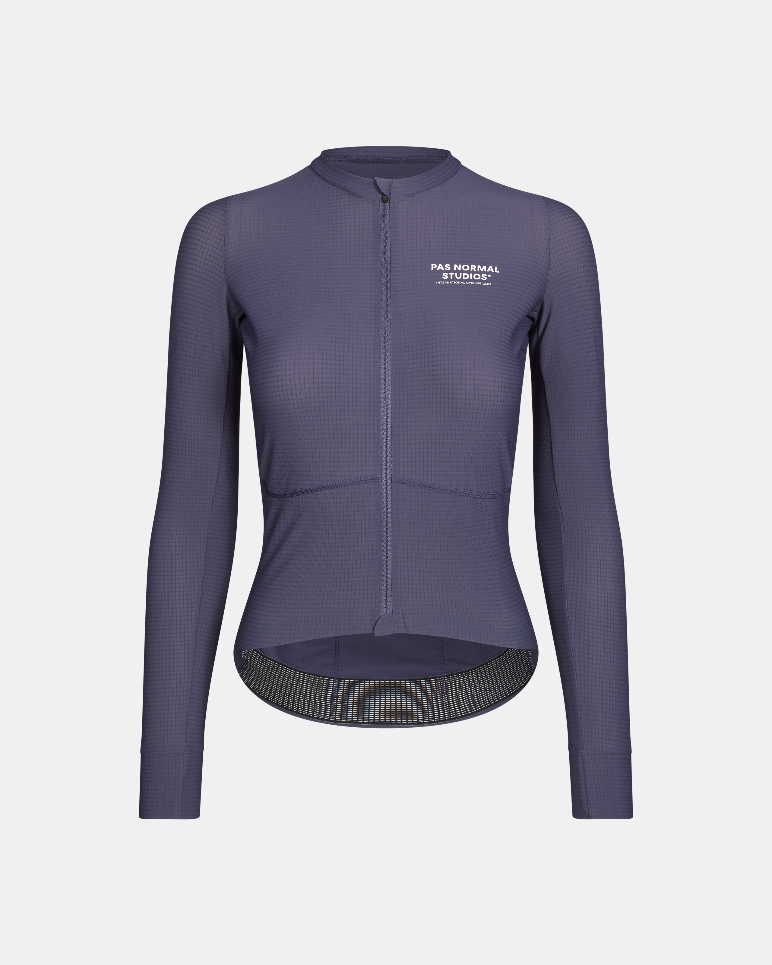 Grey Mechanism Pro long sleeve cycling jersey, front view with textured fabric and contrast hem