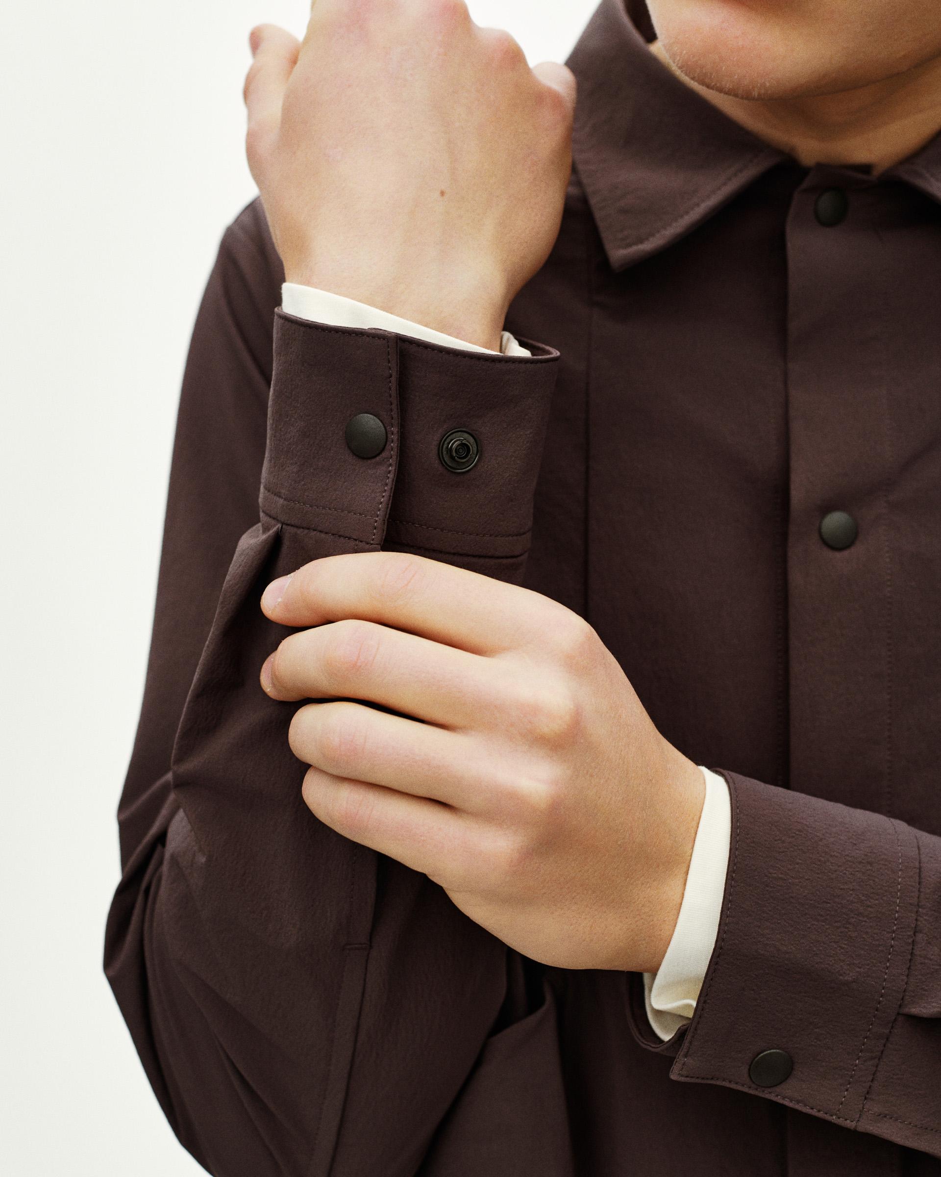 Dark Purple Off-Race Tech Overshirt on model showing adjustable cuffs with snap buttons