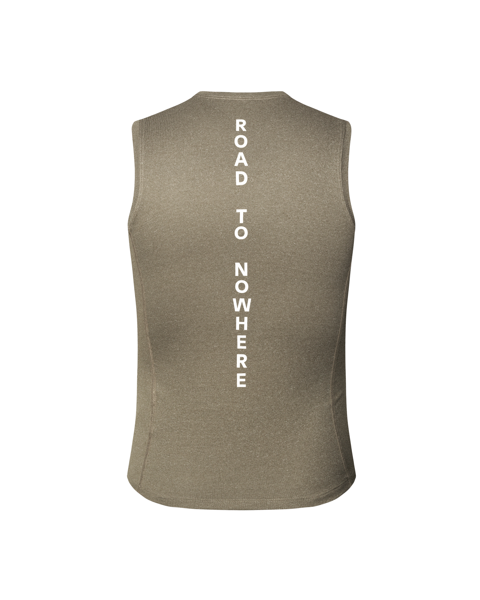 Brown Mid Sleeveless cycling baselayer, rear flat lay with vertical white "ROAD TO NOWHERE" text