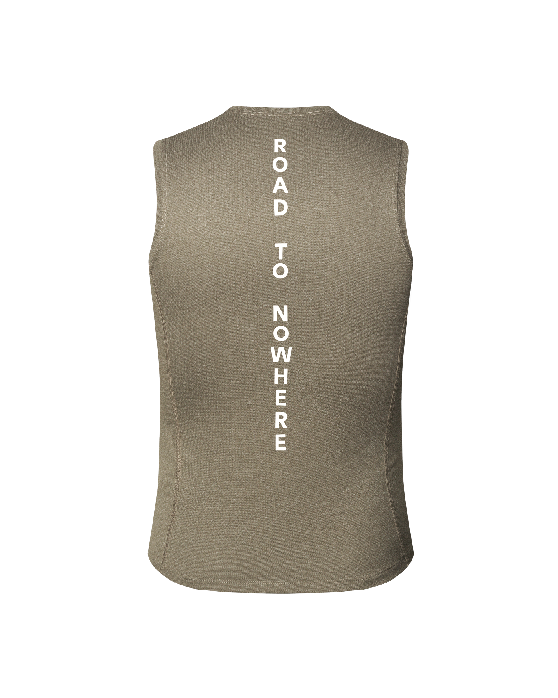 Brown Mid Sleeveless cycling baselayer, rear flat lay with vertical white "ROAD TO NOWHERE" text
