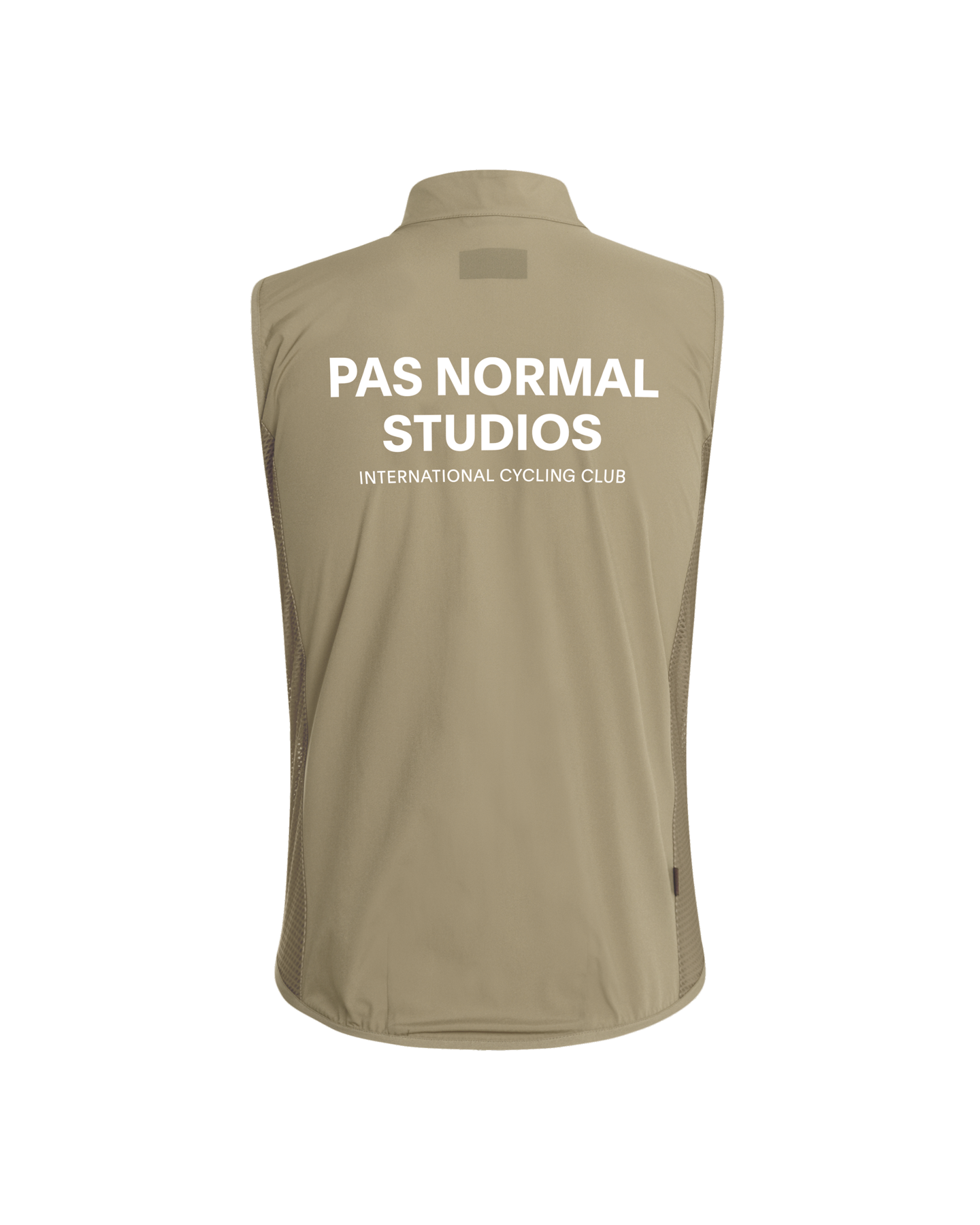 Beige Mechanism Stow Away gilet, rear view with white back logo