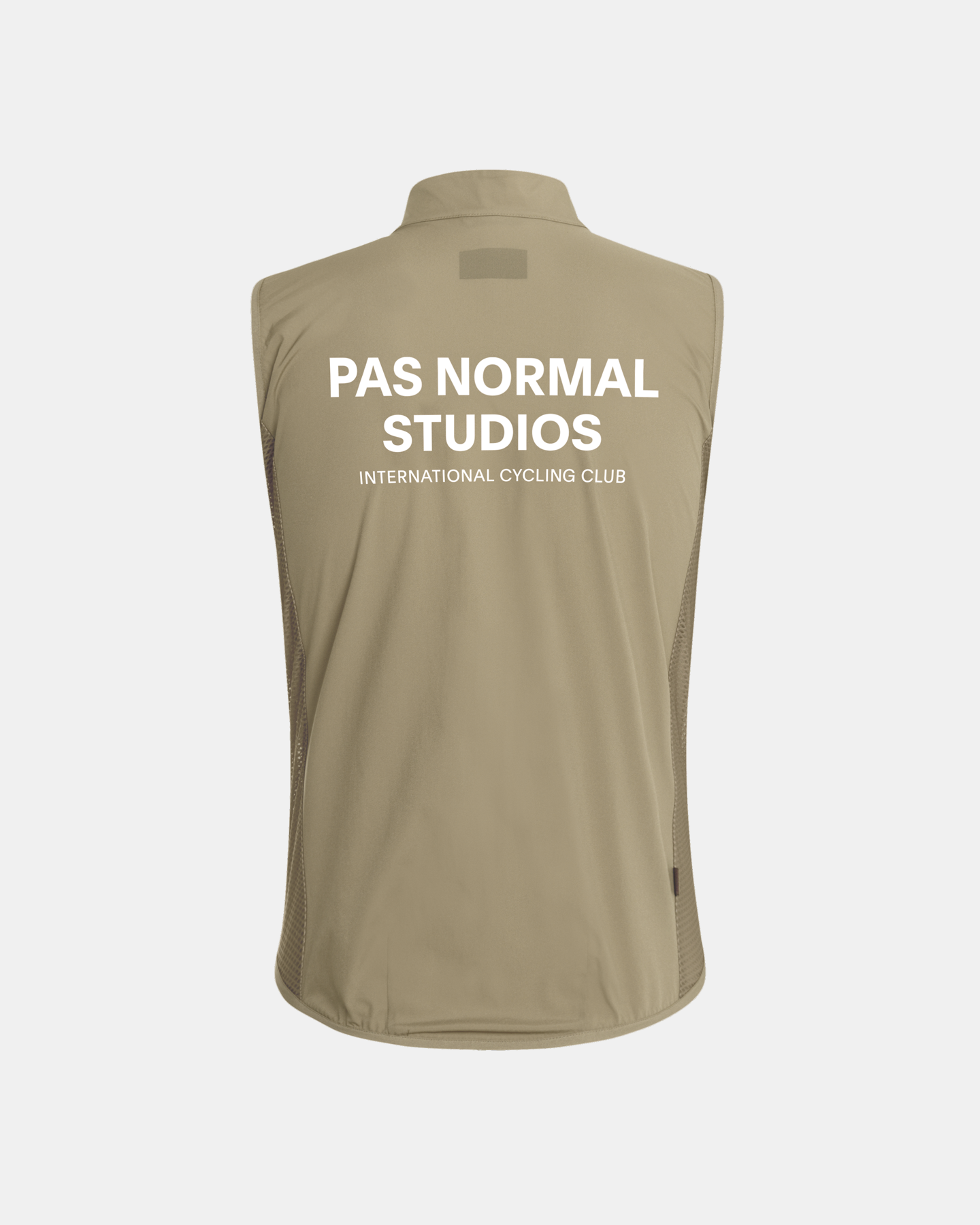 Beige Mechanism Stow Away gilet, rear view with white back logo