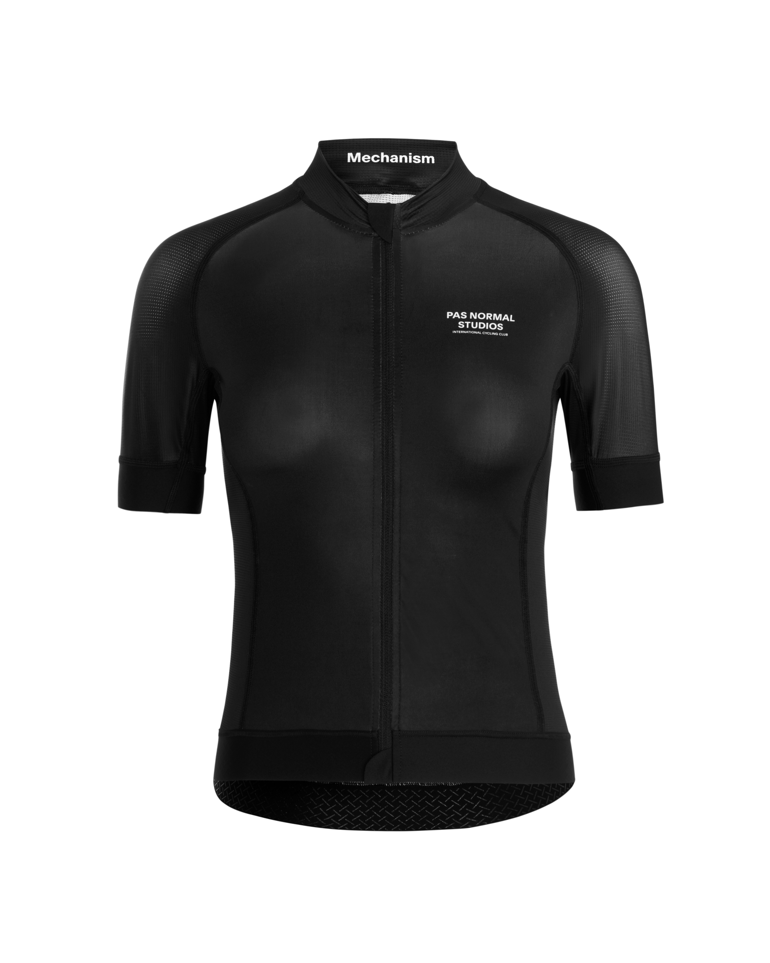 Black Mechanism cycling jersey, front view with mesh sleeve panels and full zip