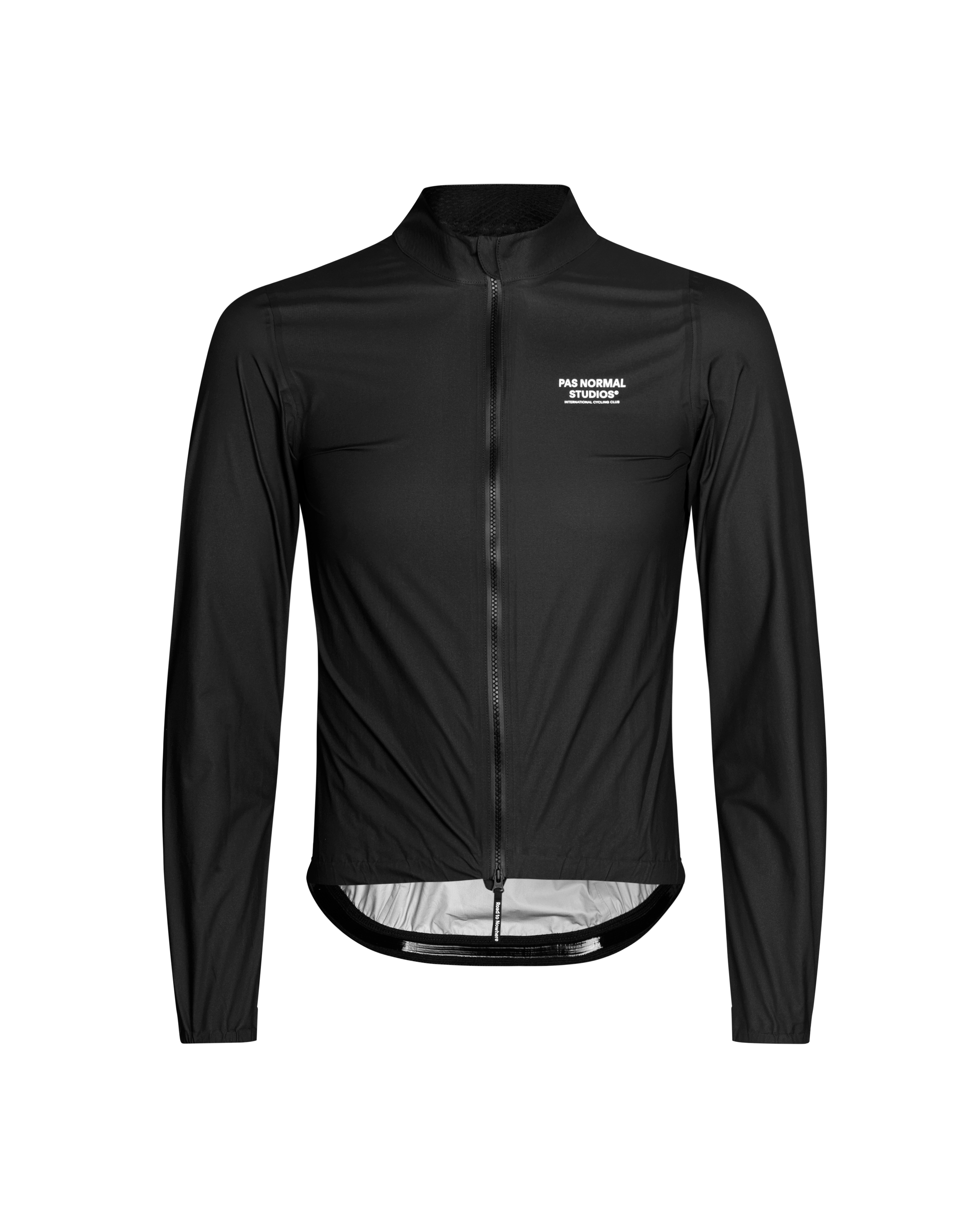 Black Mechanism cycling jacket, front view with full zip and white chest logo