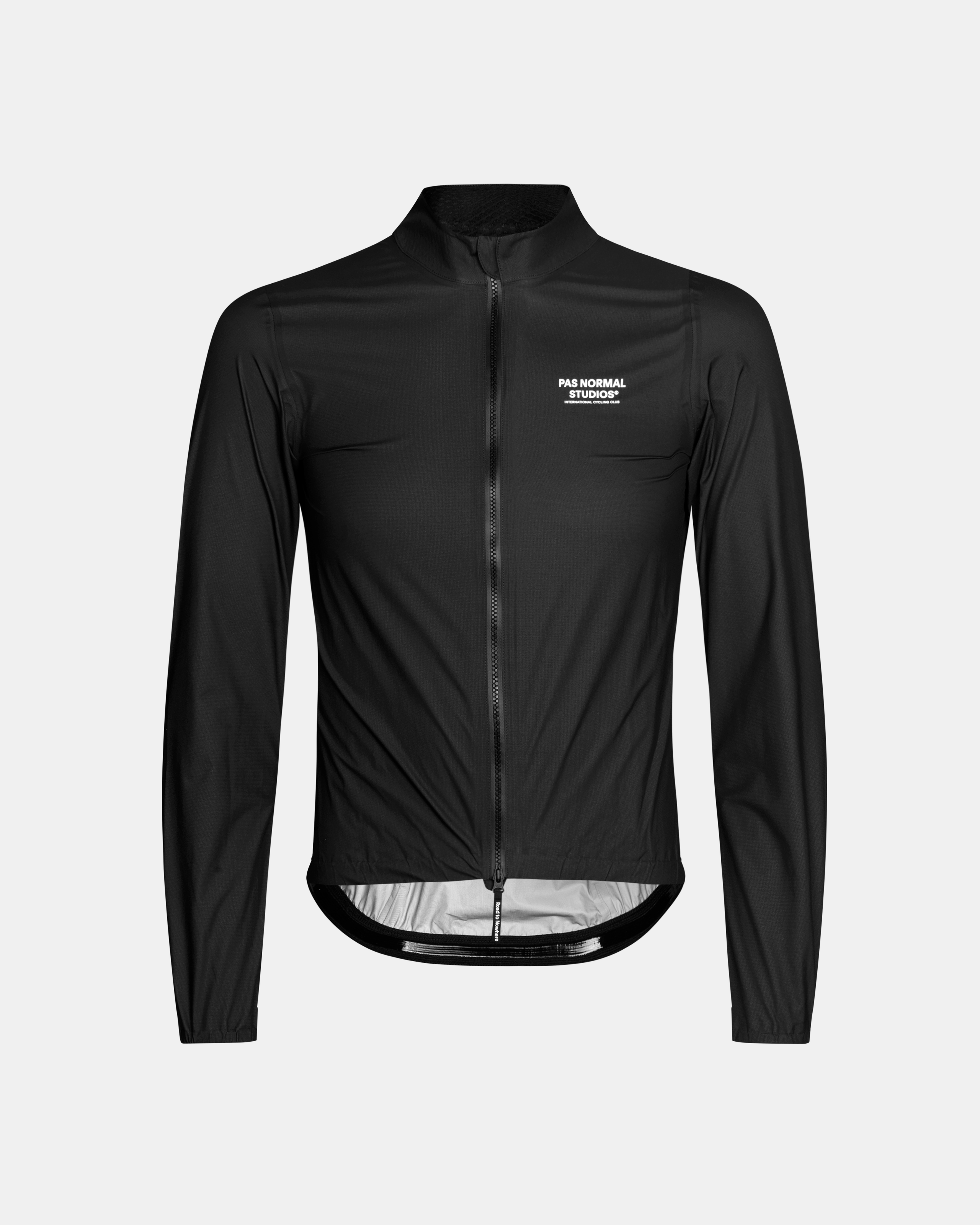 Black Mechanism cycling jacket, front view with full zip and white chest logo
