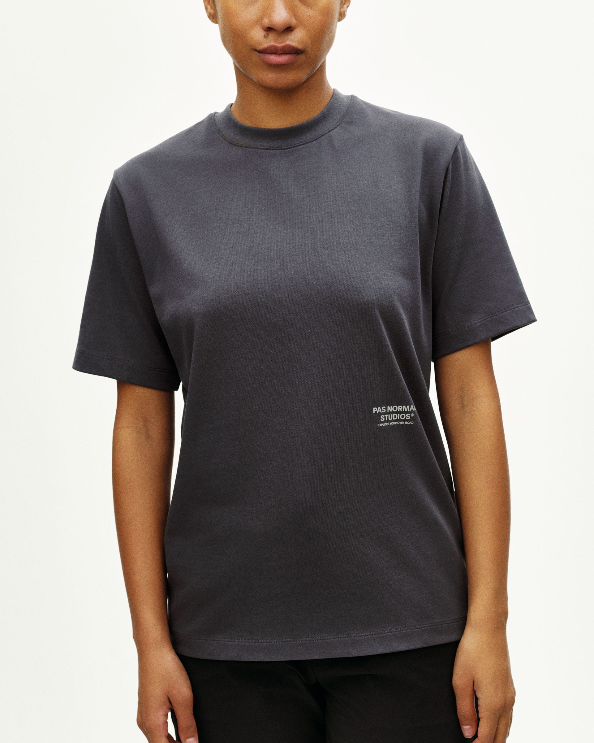 Steel Off-Race t-shirt on model with white chest logo