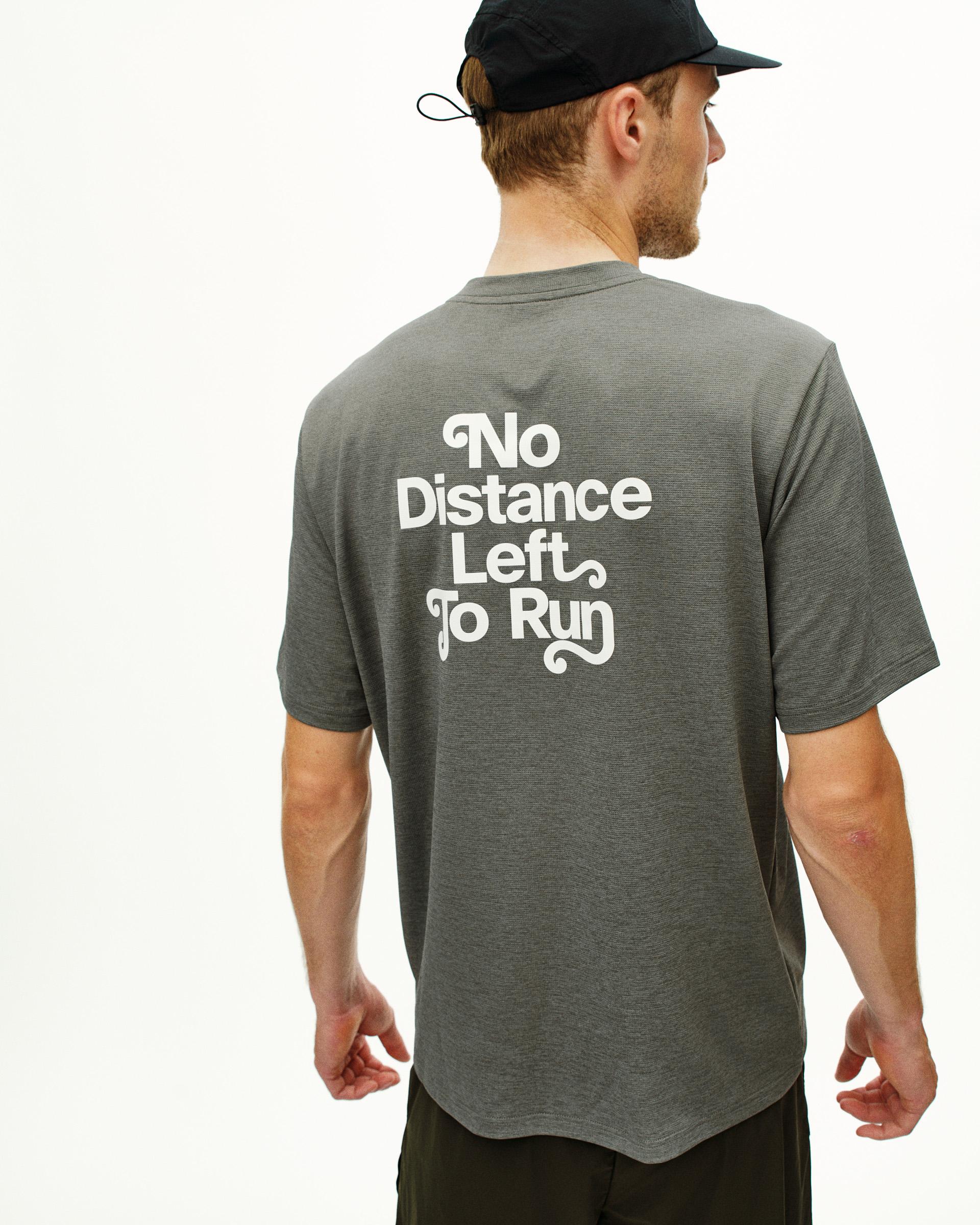 Grey Balance t-shirt, rear view on model with white "No Distance Left To Run" text