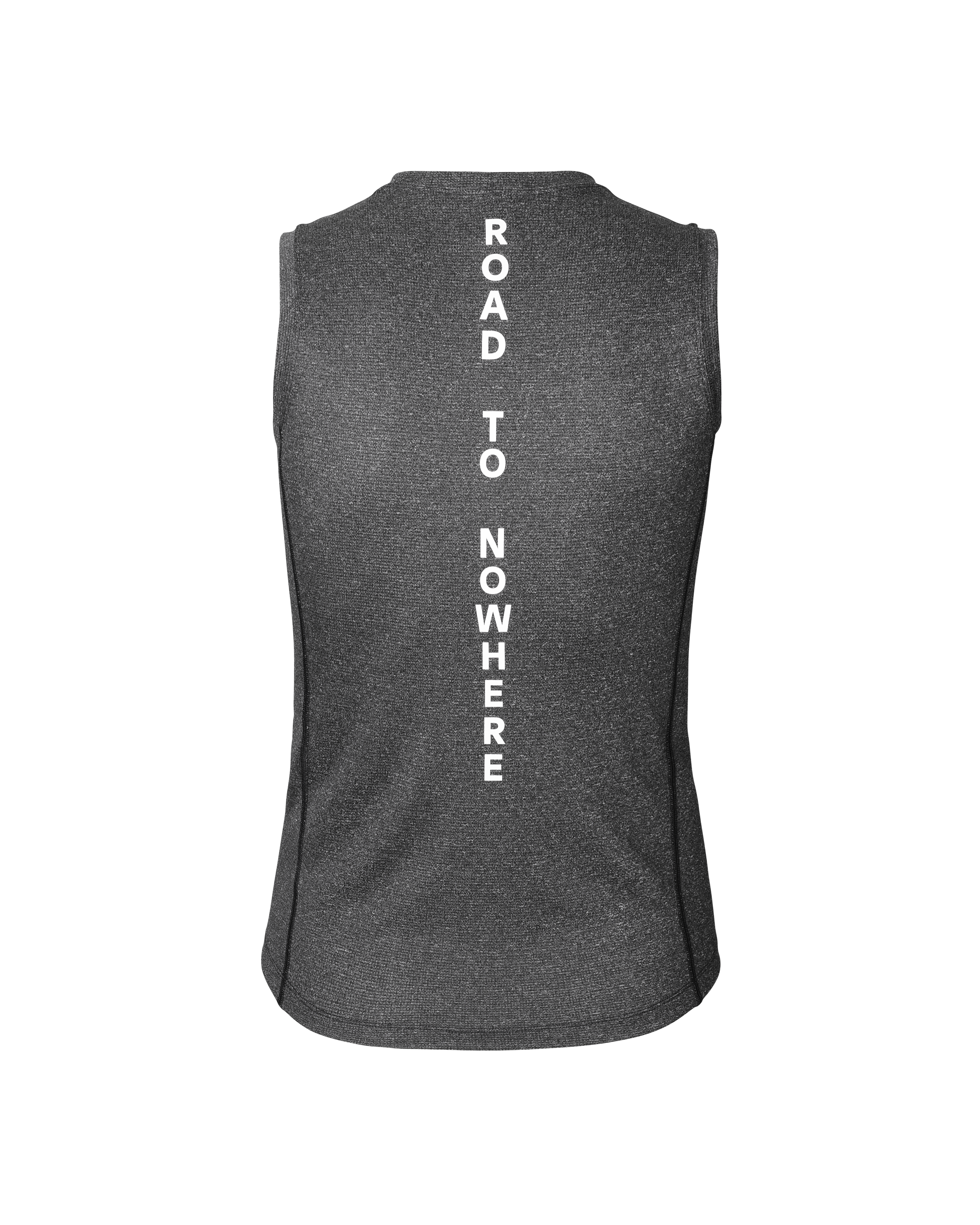 Black Mid Sleeveless base layer, rear view with white vertical Road to Nowhere text print