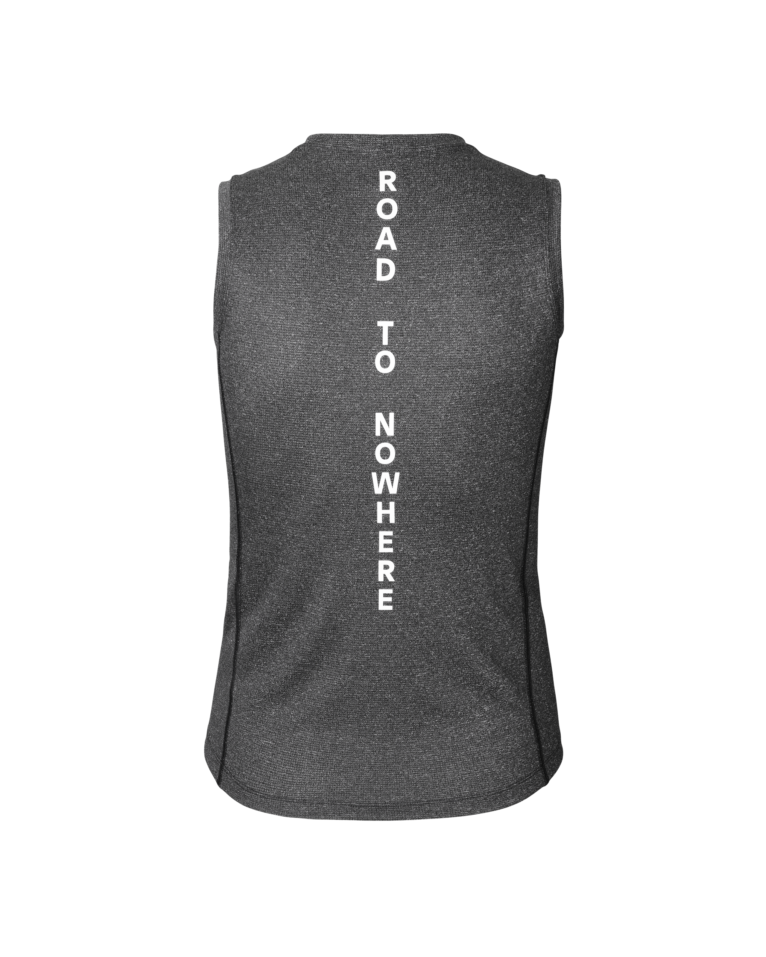 Black Mid Sleeveless base layer, rear view with white vertical Road to Nowhere text print