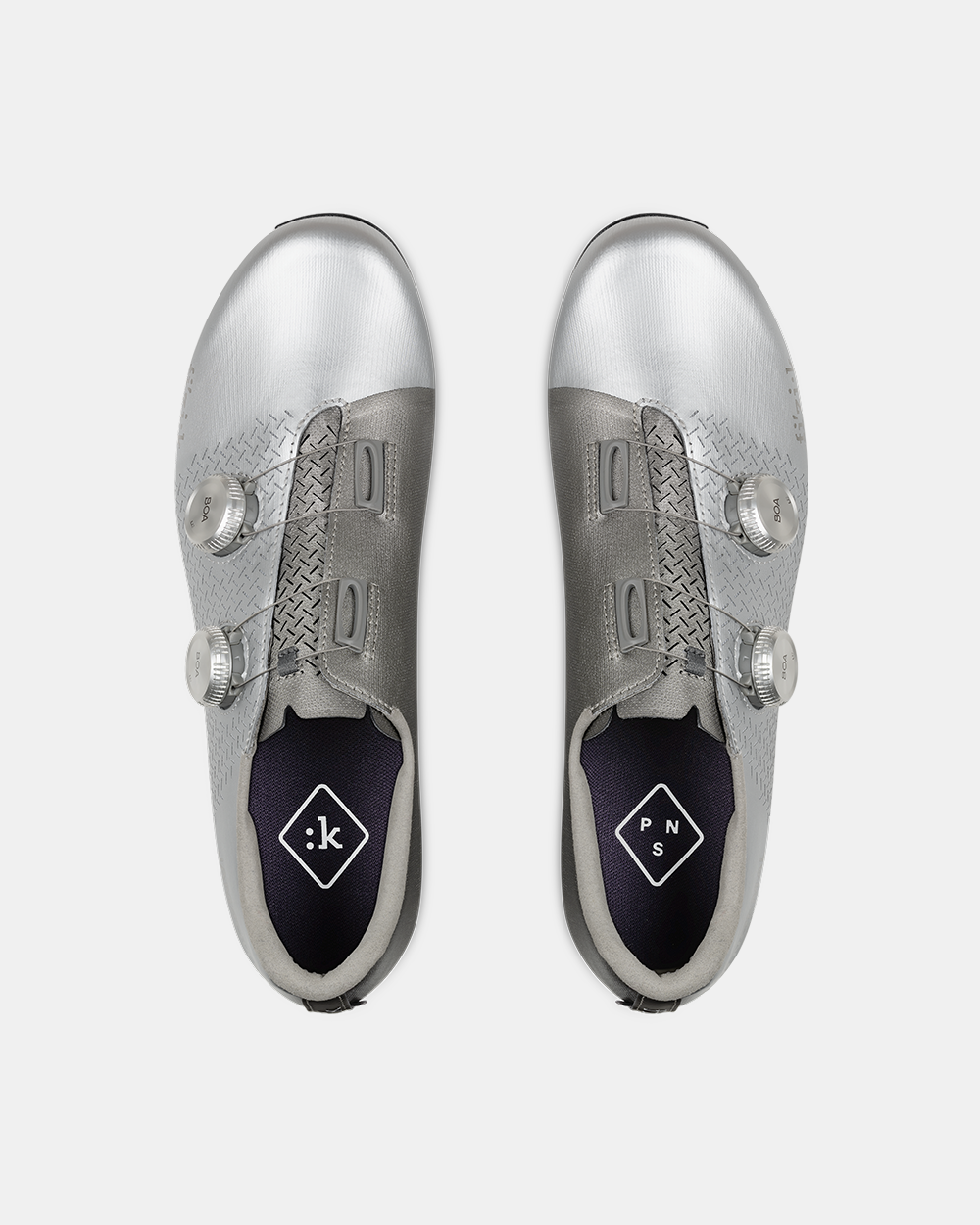 Silver Fizik Mechanism road cycling shoes, top-down pair with dual BOA dials