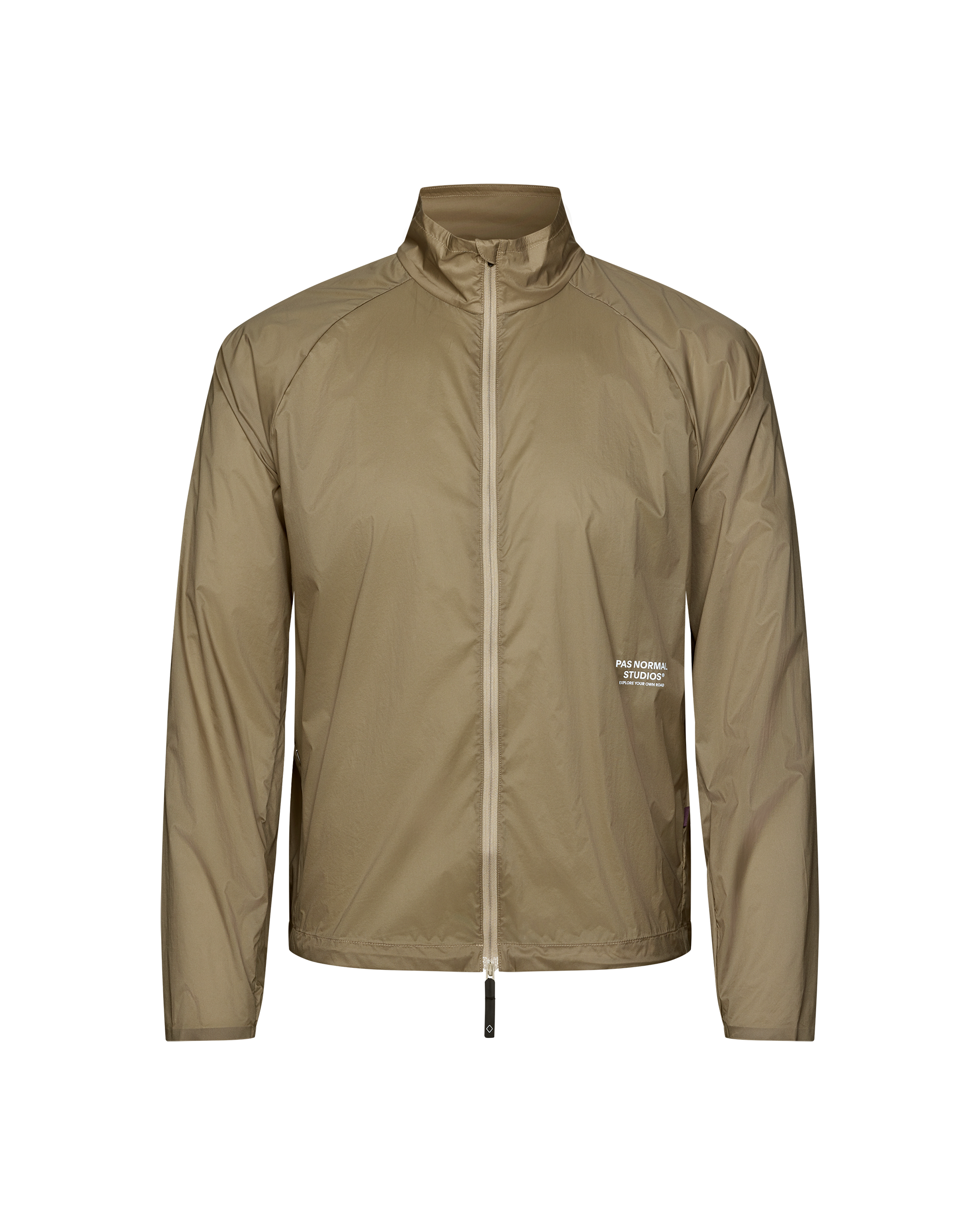 Dusty Earth khaki Balance Windproof cycling jacket, front flat lay with full zip and white chest logo