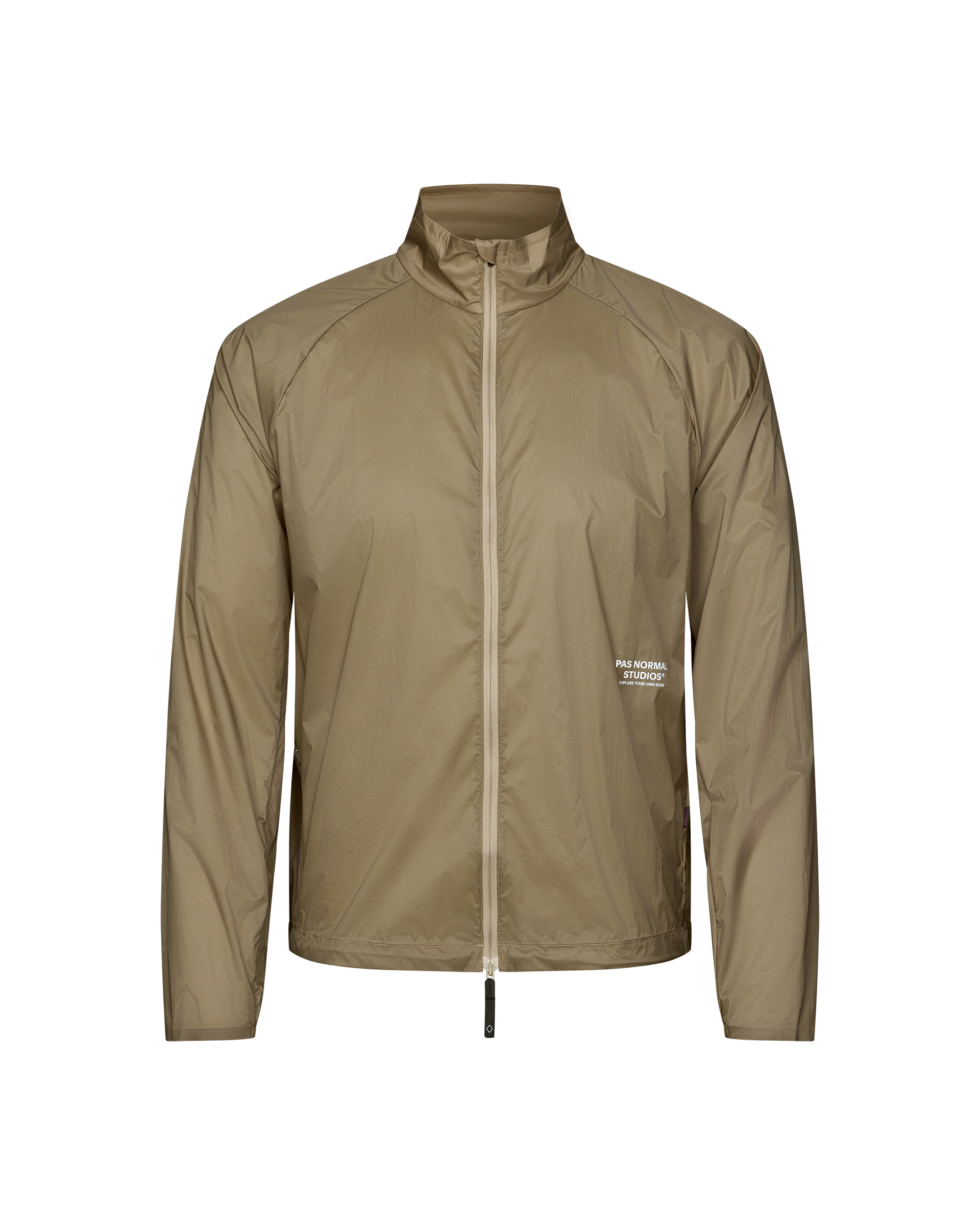Dusty Earth khaki Balance Windproof cycling jacket, front flat lay with full zip and white chest logo