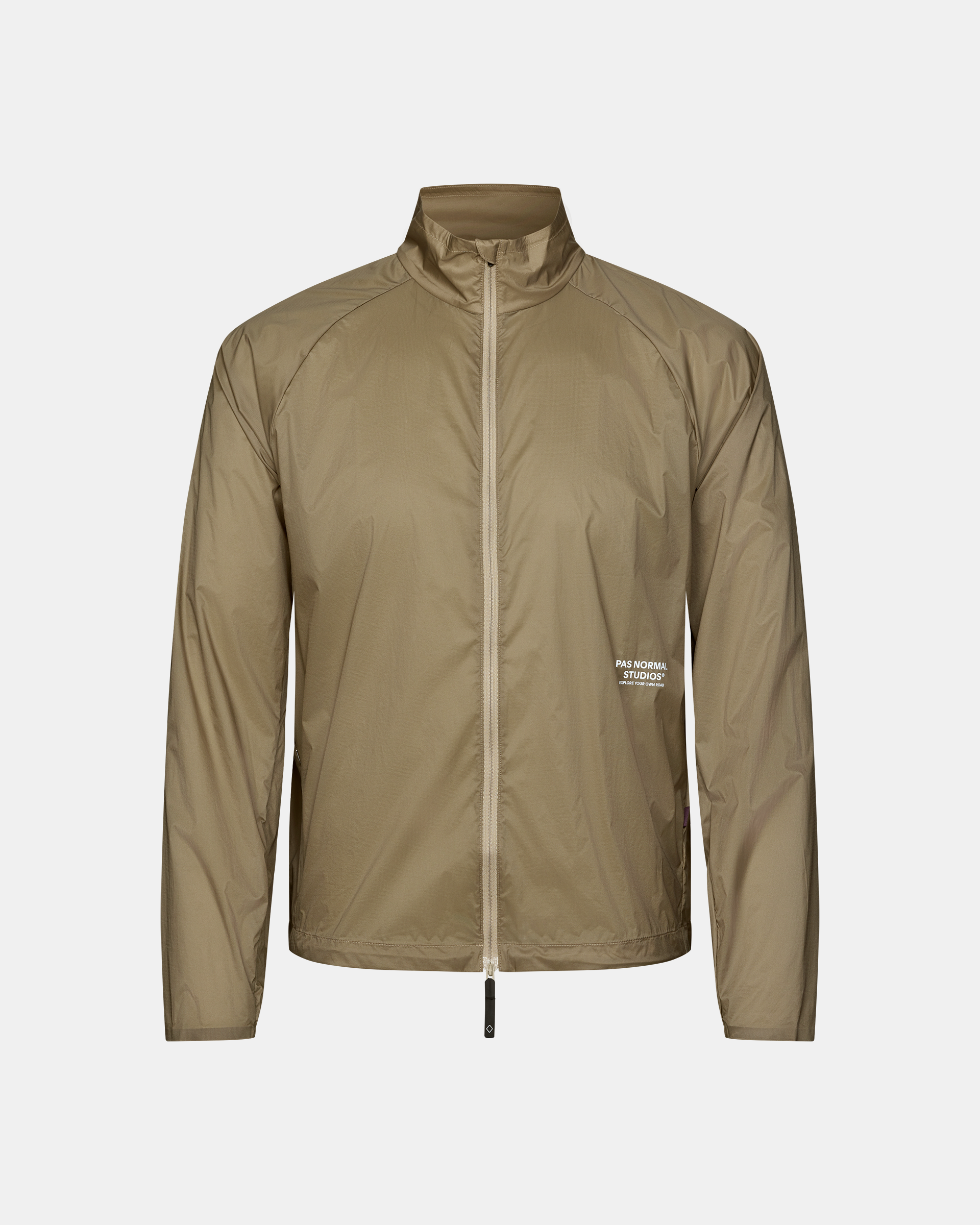 Dusty Earth khaki Balance Windproof cycling jacket, front flat lay with full zip and white chest logo