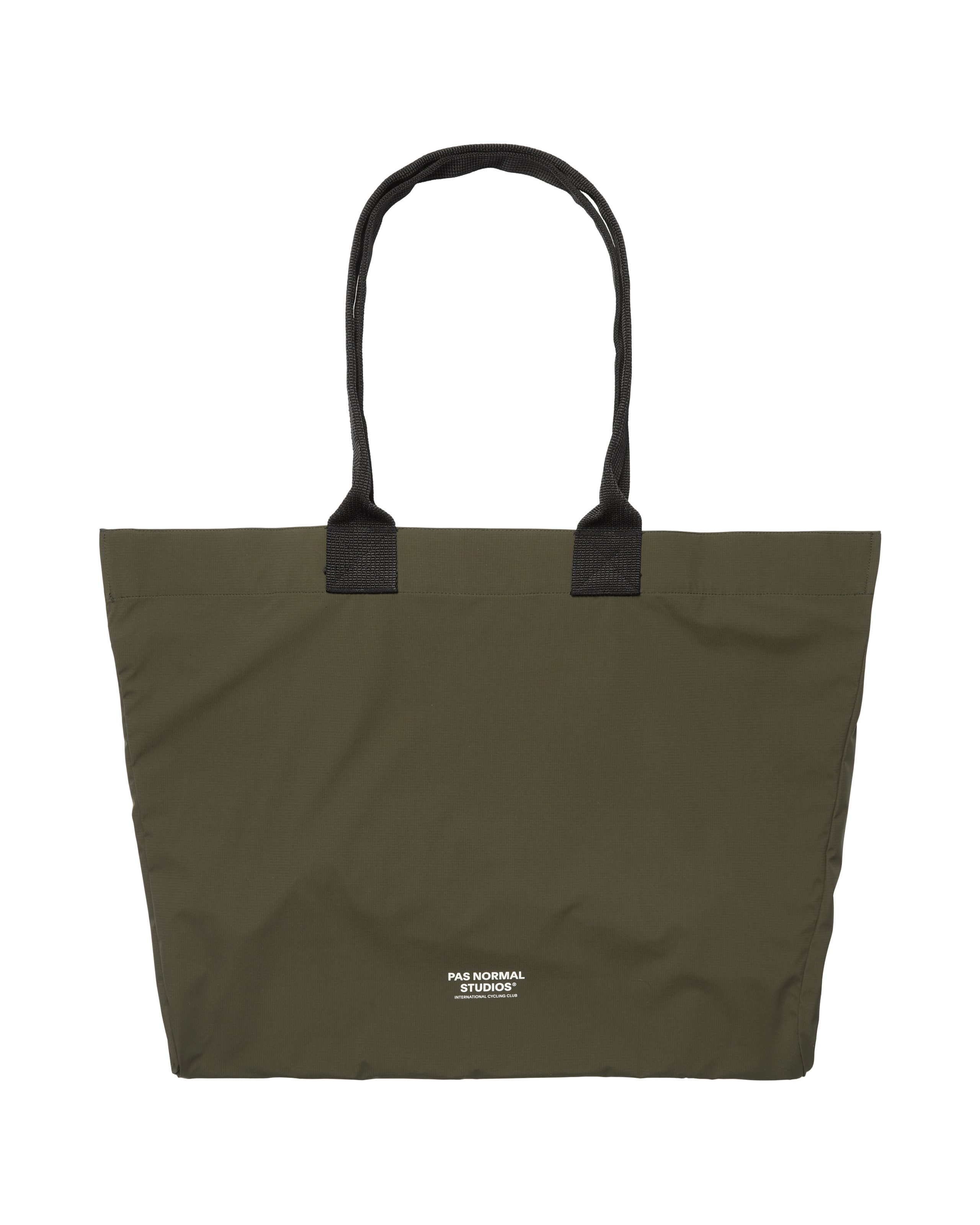 Olive Logo Shield tote bag, front flat lay with black handles and white logo