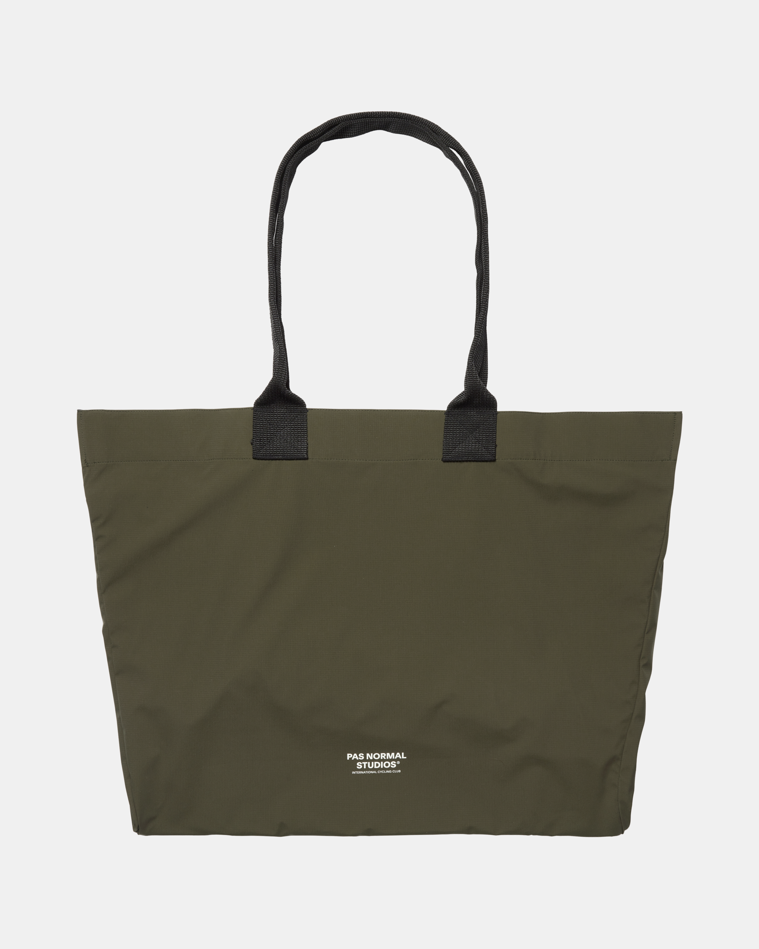 Olive Logo Shield tote bag, front flat lay with black handles and white logo