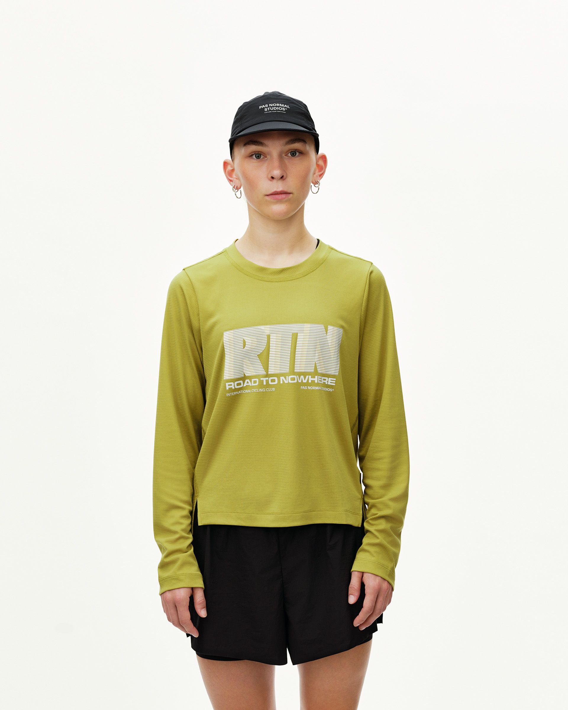 Dark Lime Balance long sleeve T-shirt on model, front view with white RTN Road to Nowhere chest print