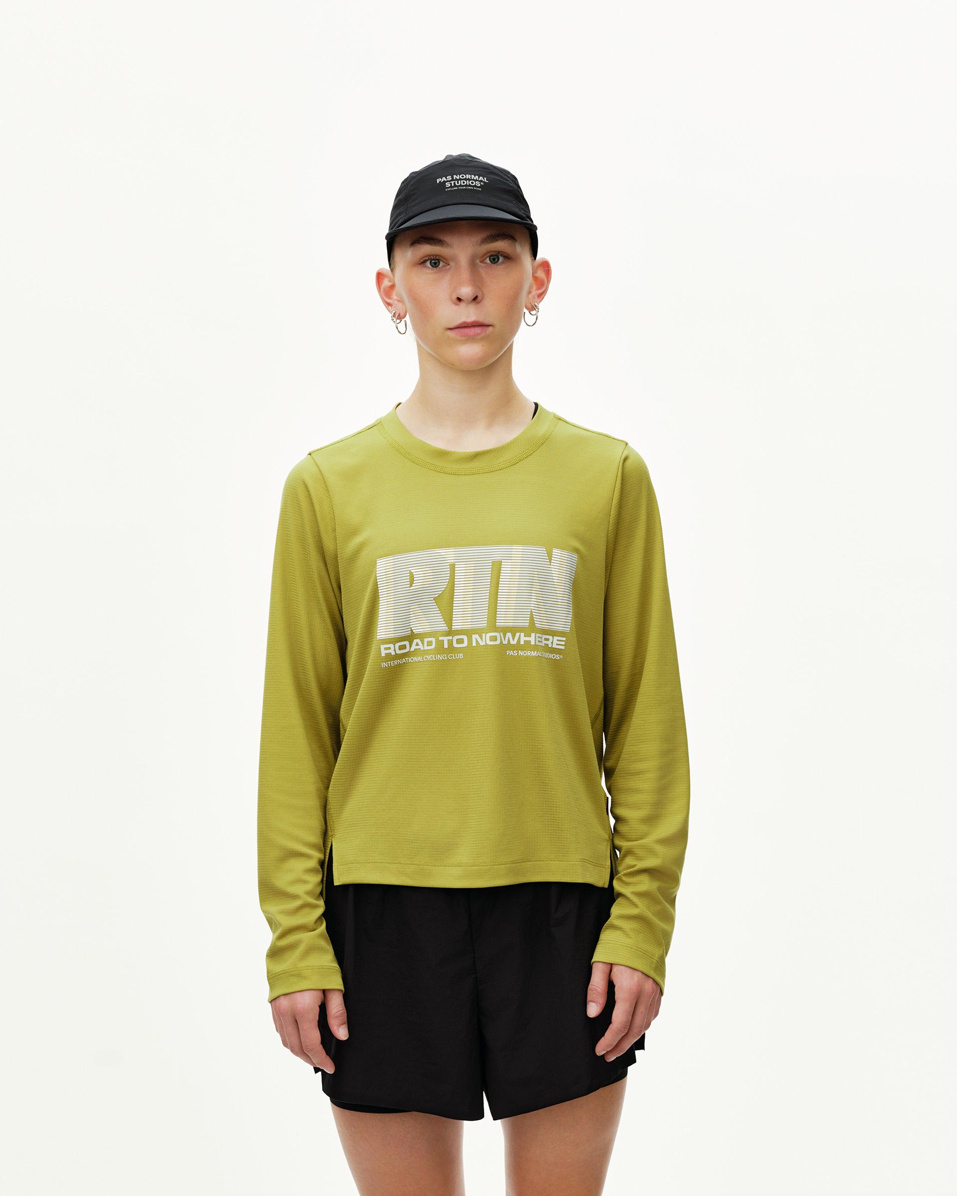 Dark Lime Balance long sleeve T-shirt on model, front view with white RTN Road to Nowhere chest print