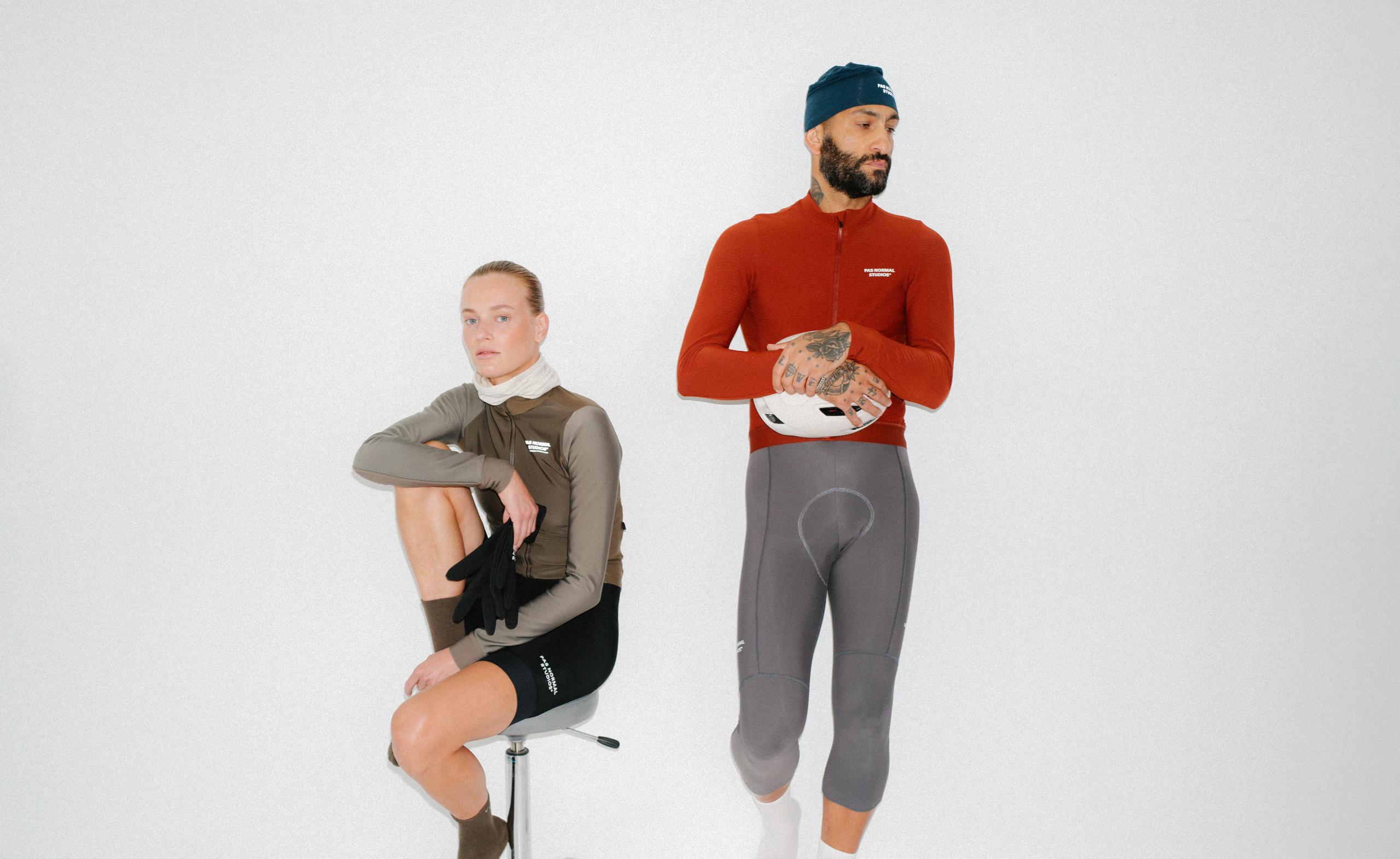 Models wearing cycling apparel from Autumn Winter 2024 collection in studio setting