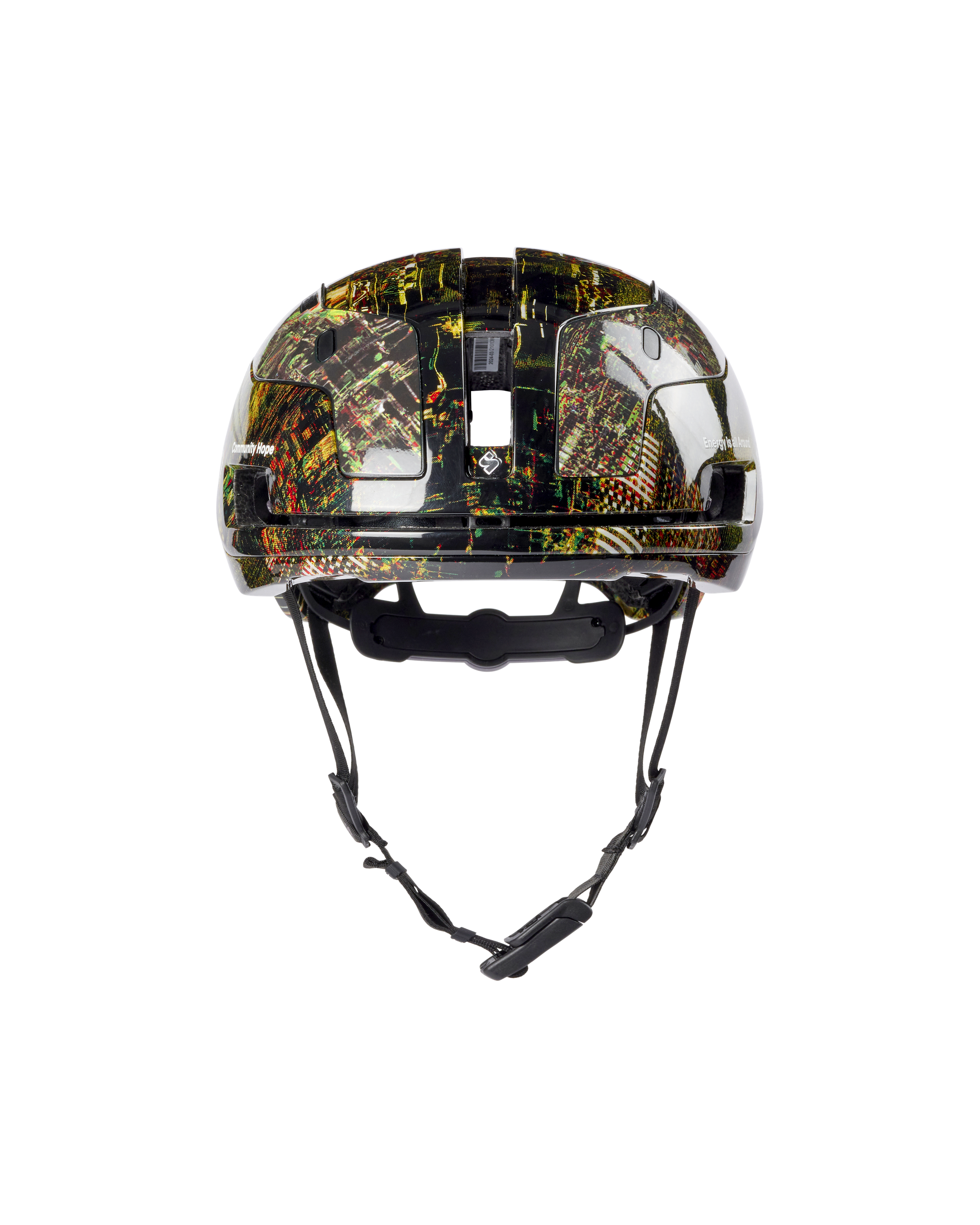 Human Error Green T.K.O. Sweet Protection Falconer Aero 2Vi MIPS cycling helmet, front view with cityscape graphic shell