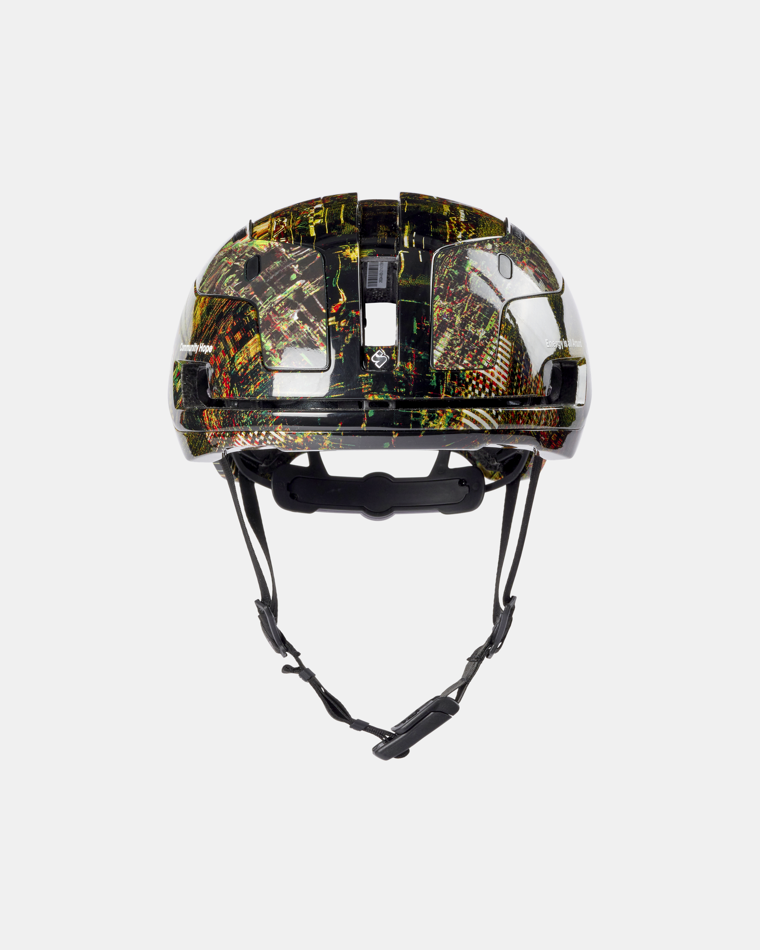 Human Error Green T.K.O. Sweet Protection Falconer Aero 2Vi MIPS cycling helmet, front view with cityscape graphic shell