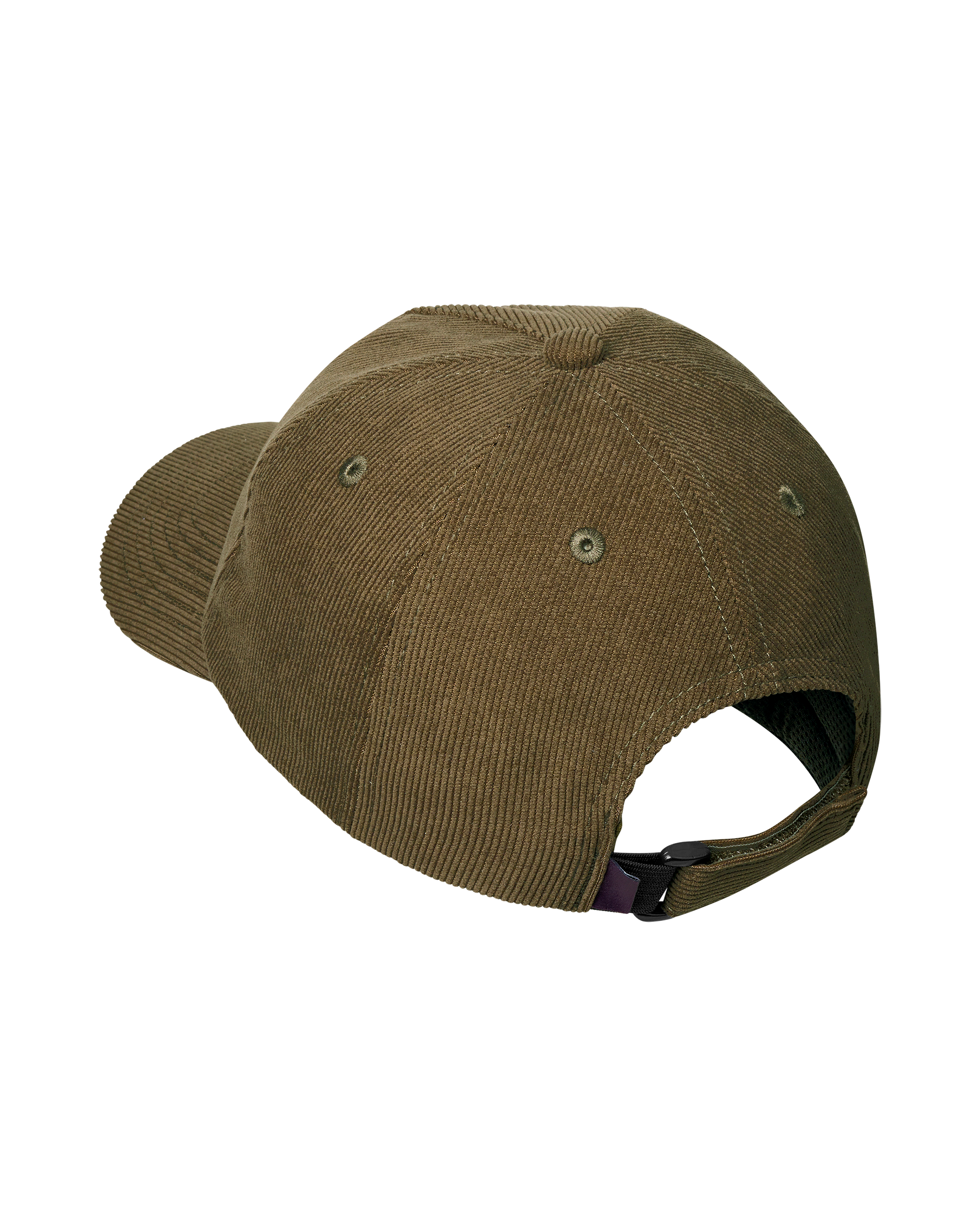 Deep Olive Off-Race Tech Corduroy cap, rear three-quarter view with adjustable buckle strap