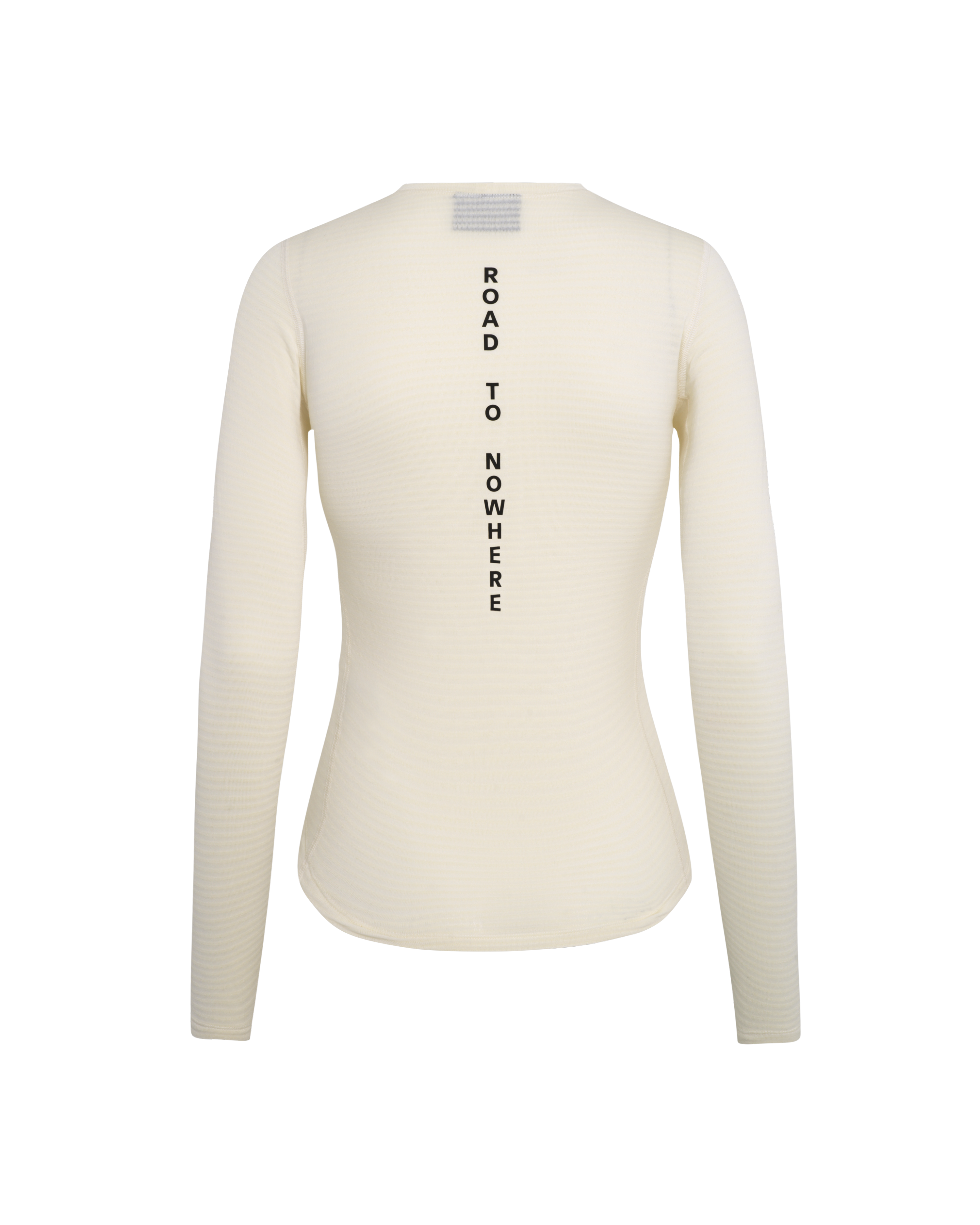 Off White thermal long sleeve base layer, rear flat lay with vertical Road to Nowhere text