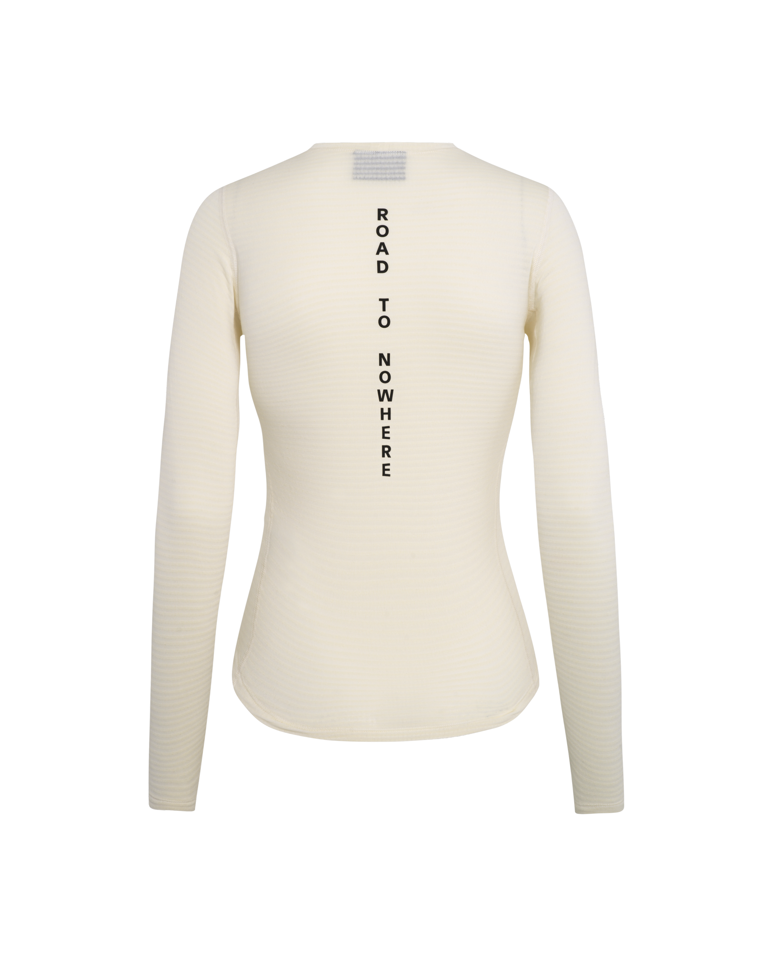 Off White thermal long sleeve base layer, rear flat lay with vertical Road to Nowhere text