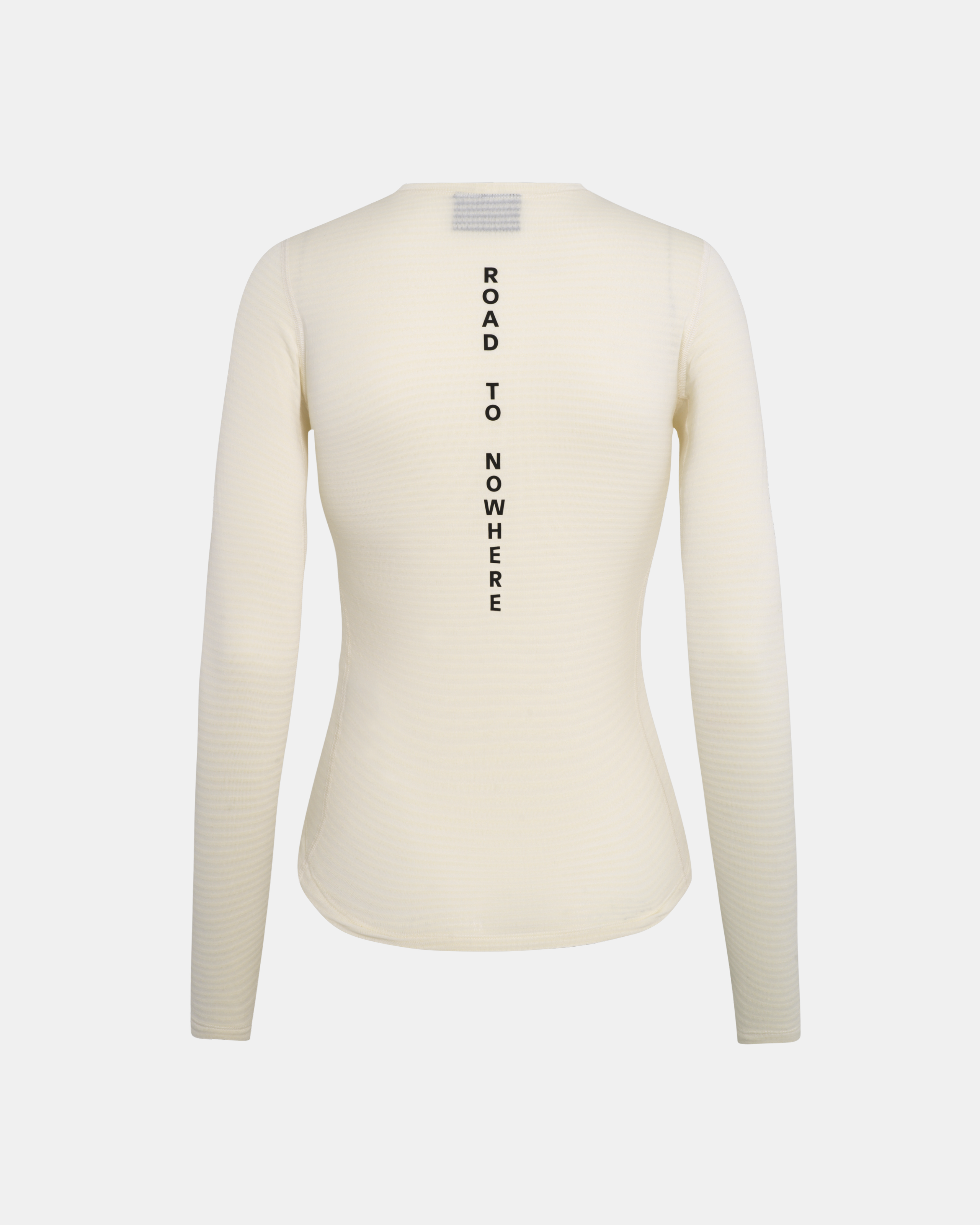 Off White thermal long sleeve base layer, rear flat lay with vertical Road to Nowhere text