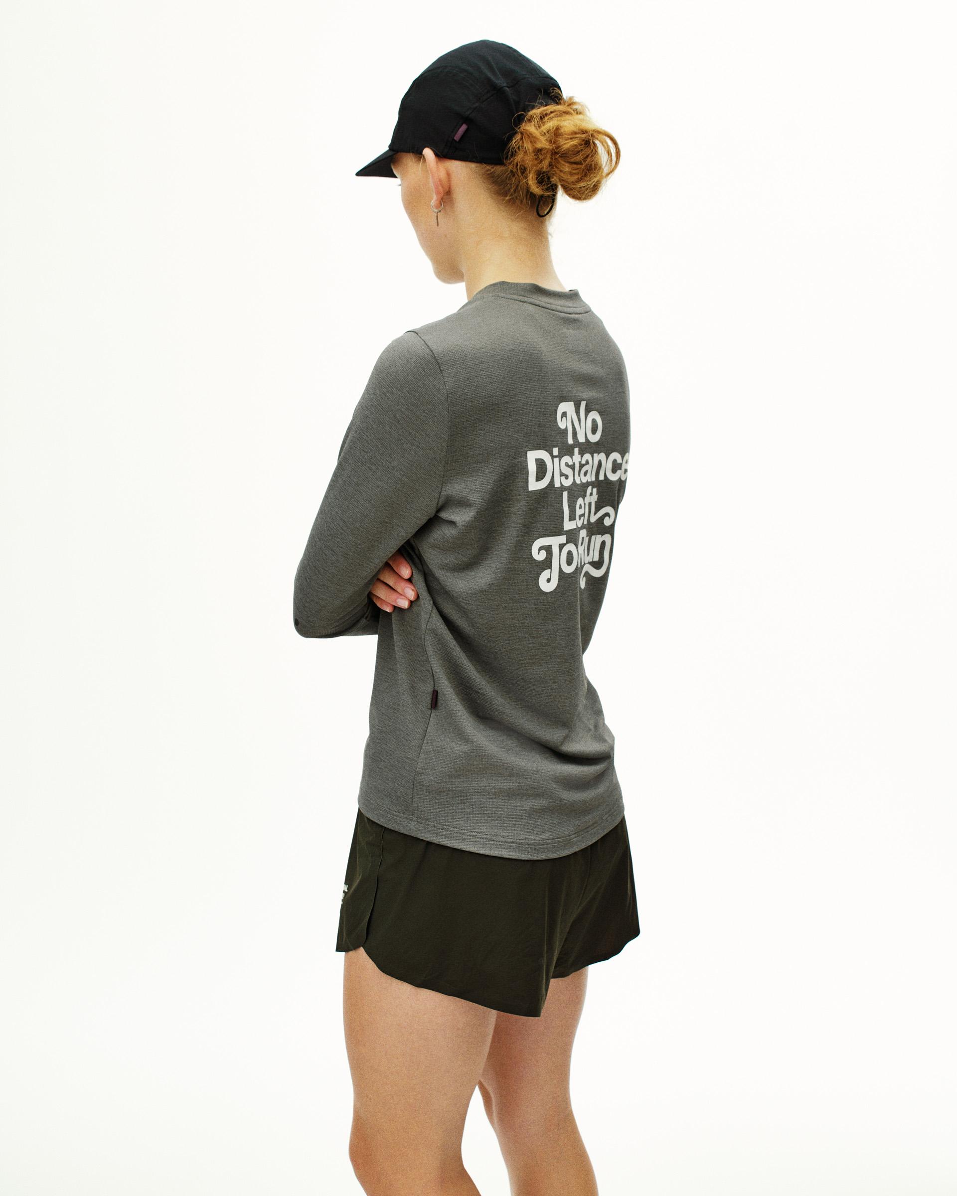 Grey Balance long sleeve t-shirt on model, rear view with white text print