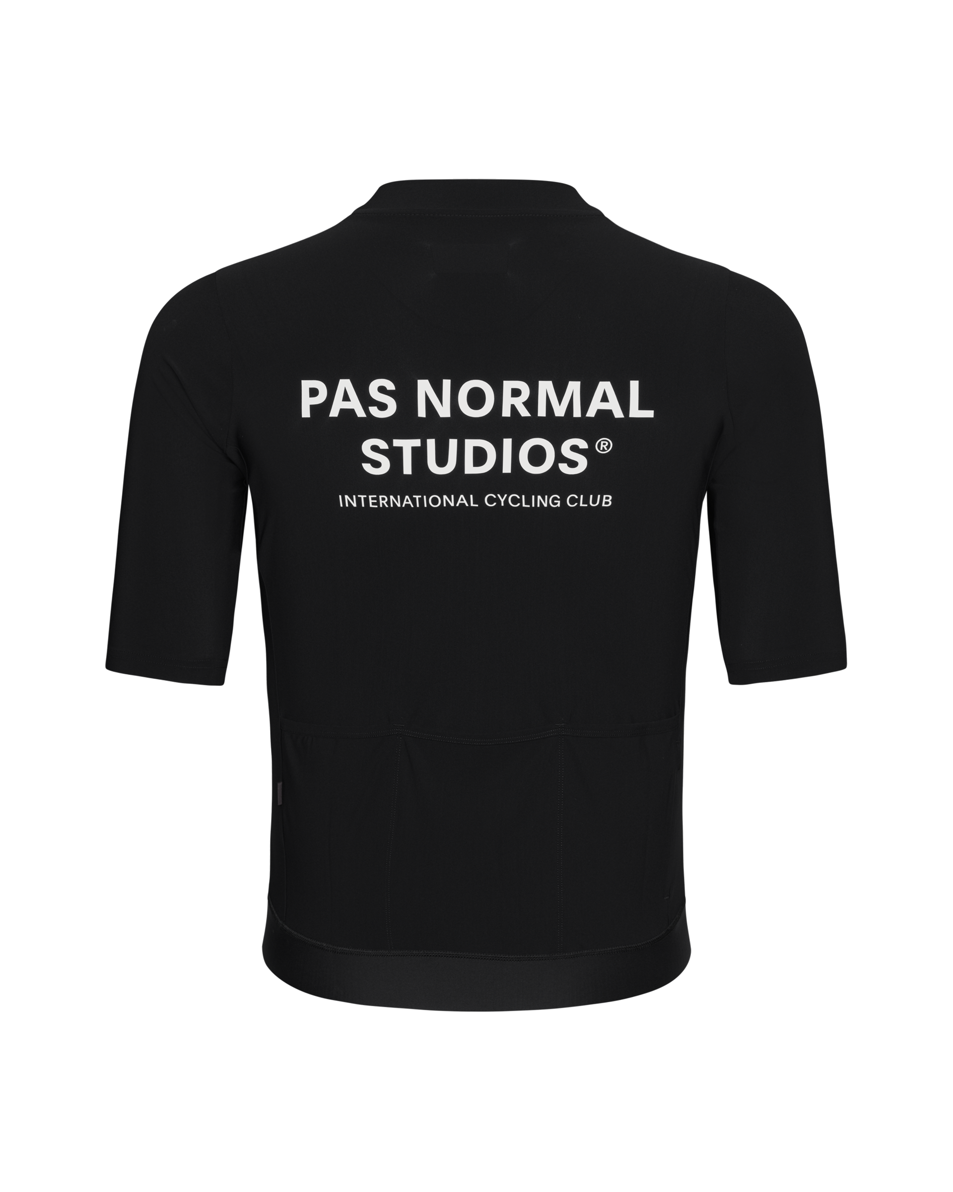 Black Essential cycling jersey, rear view with white back print