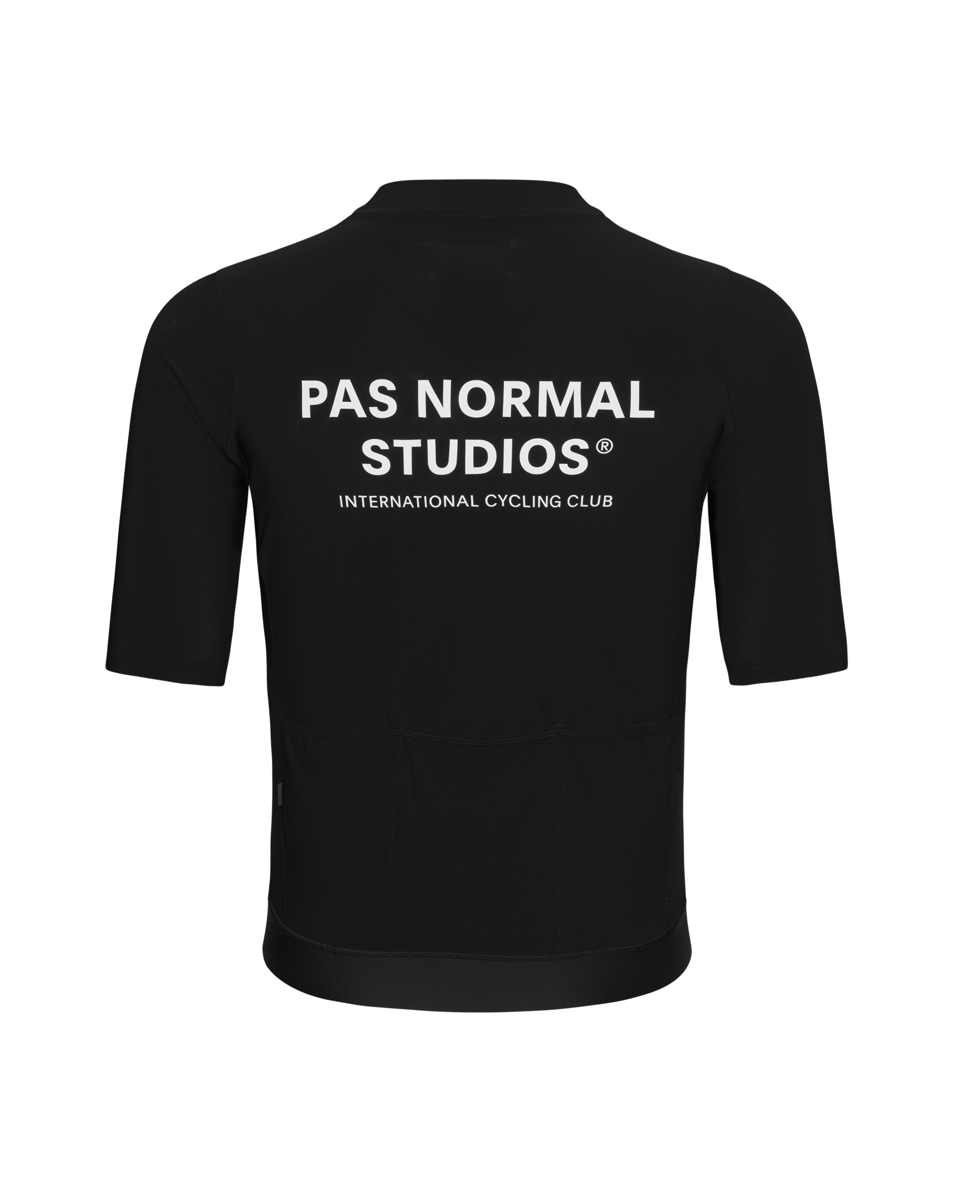 Black Essential cycling jersey, rear view with white back print