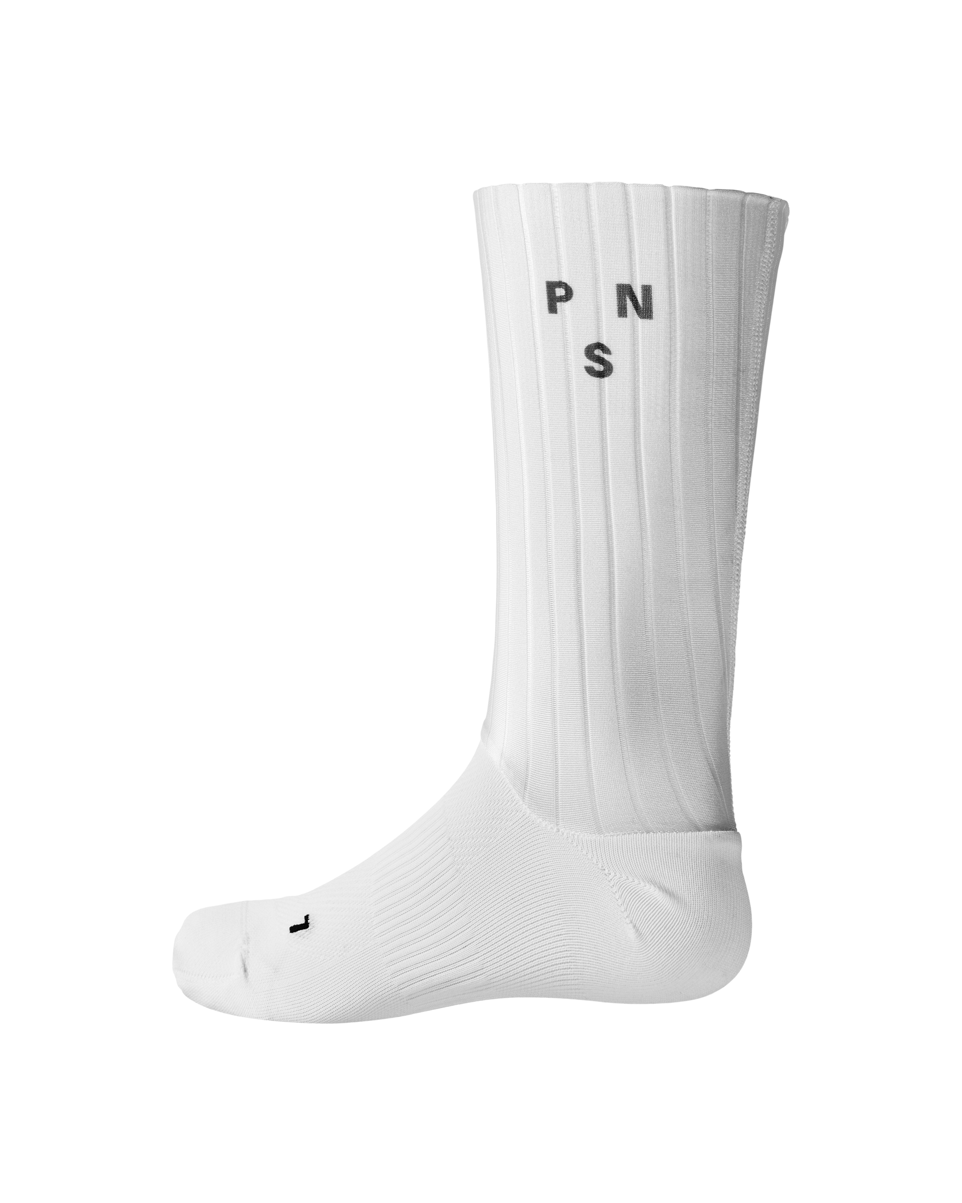 White Aero cycling socks, side view with ribbed texture and black PNS logo