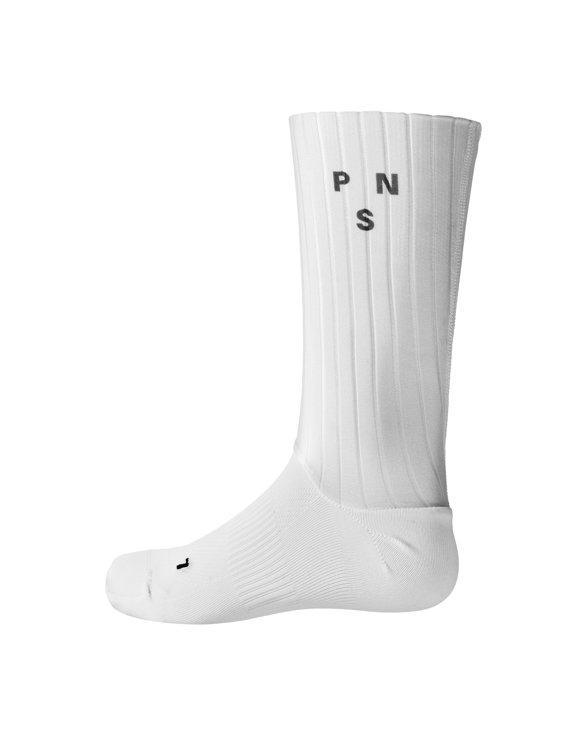 White Aero cycling socks, side view with ribbed texture and black PNS logo
