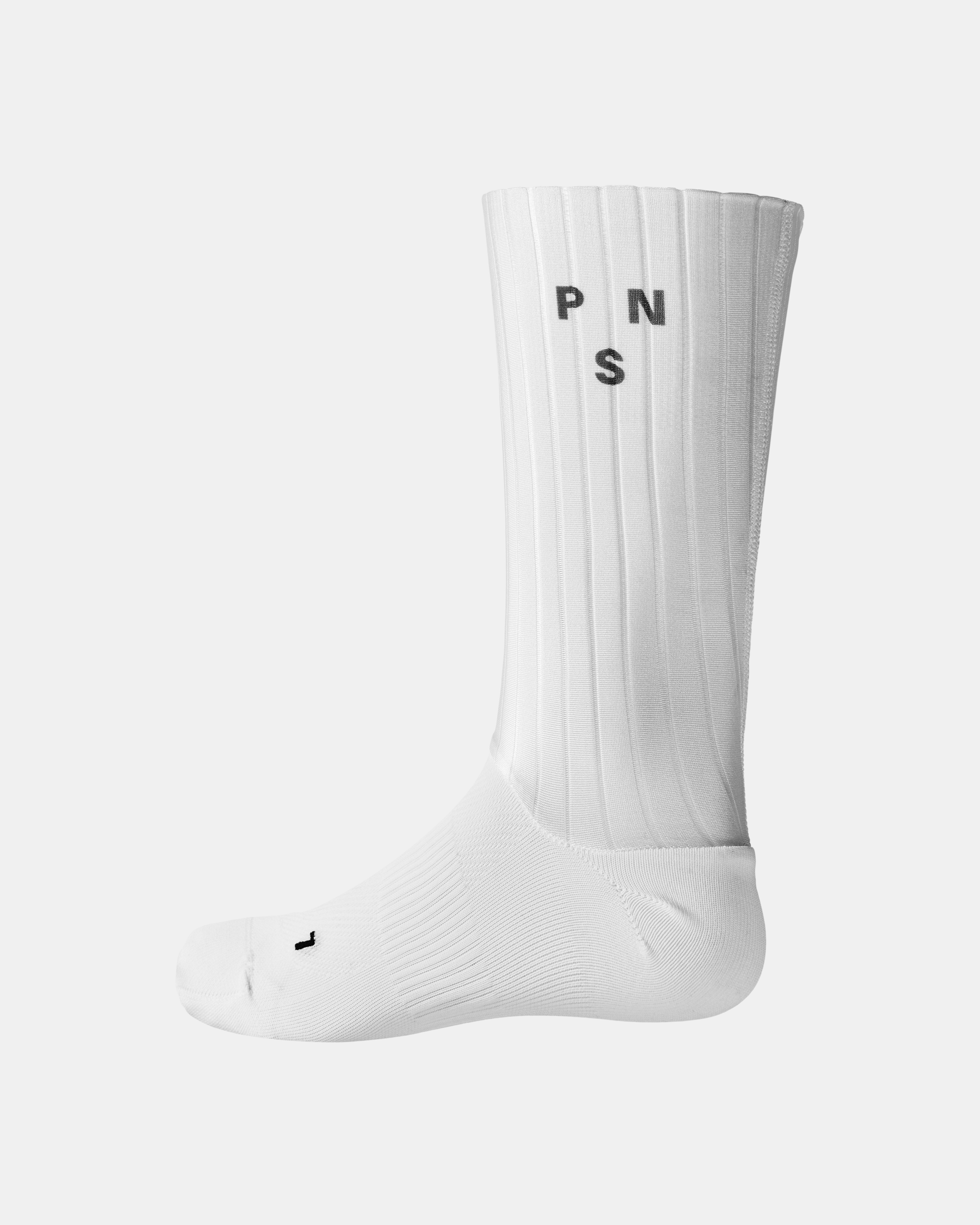 White Aero cycling socks, side view with ribbed texture and black PNS logo