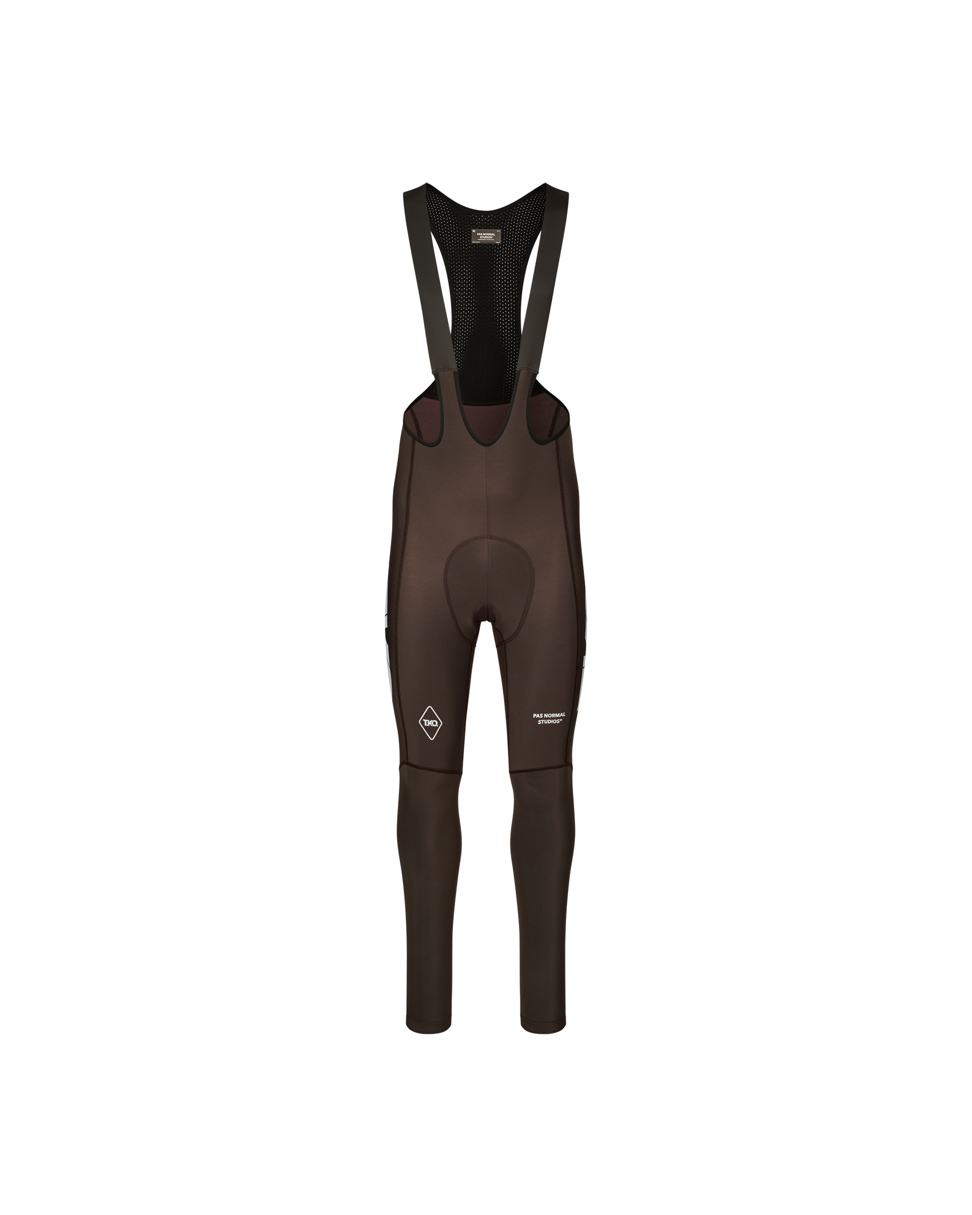 Dark Purple T.K.O. Essential Thermal Long cycling bibs, front flat lay with mesh bib panel and white diamond logo