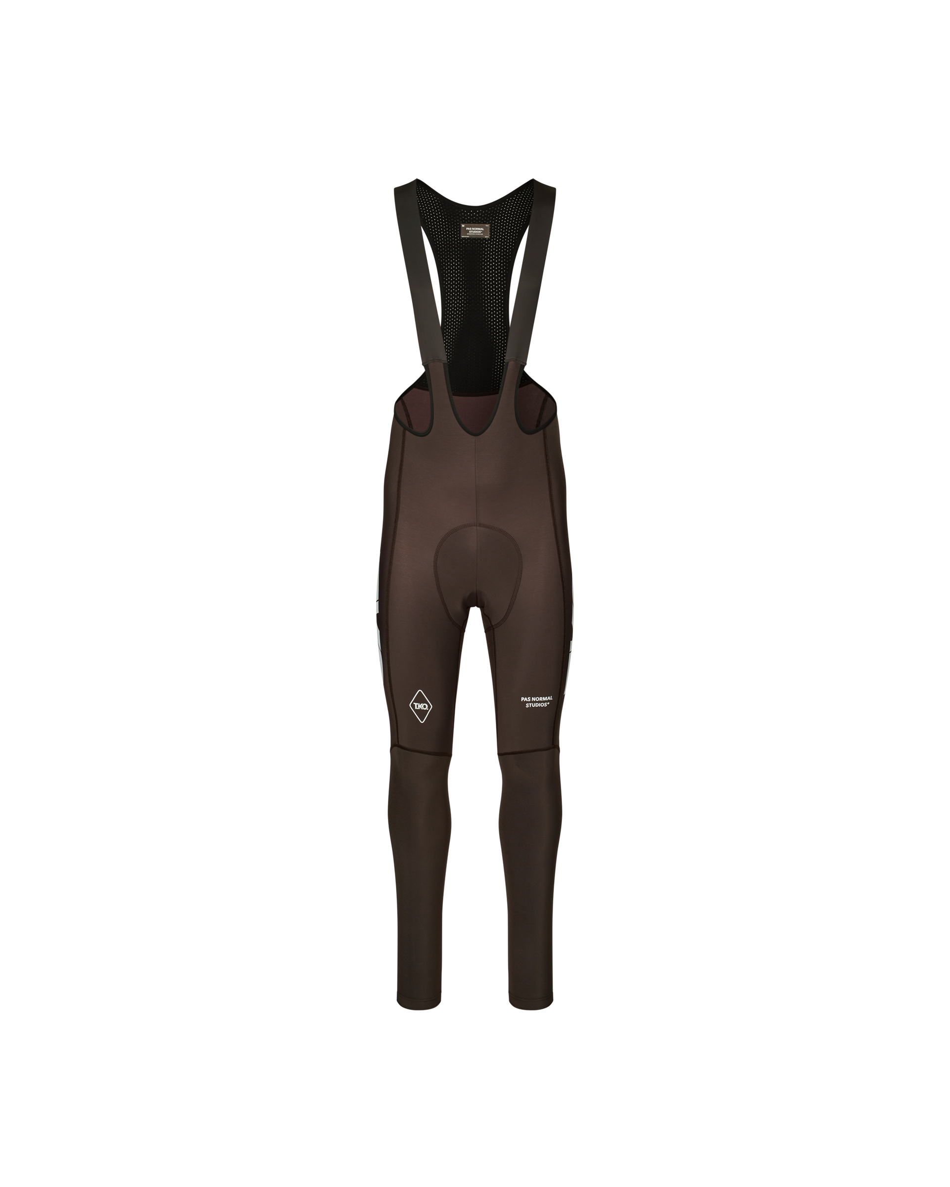 Dark Purple T.K.O. Essential Thermal Long cycling bibs, front flat lay with mesh bib panel and white diamond logo